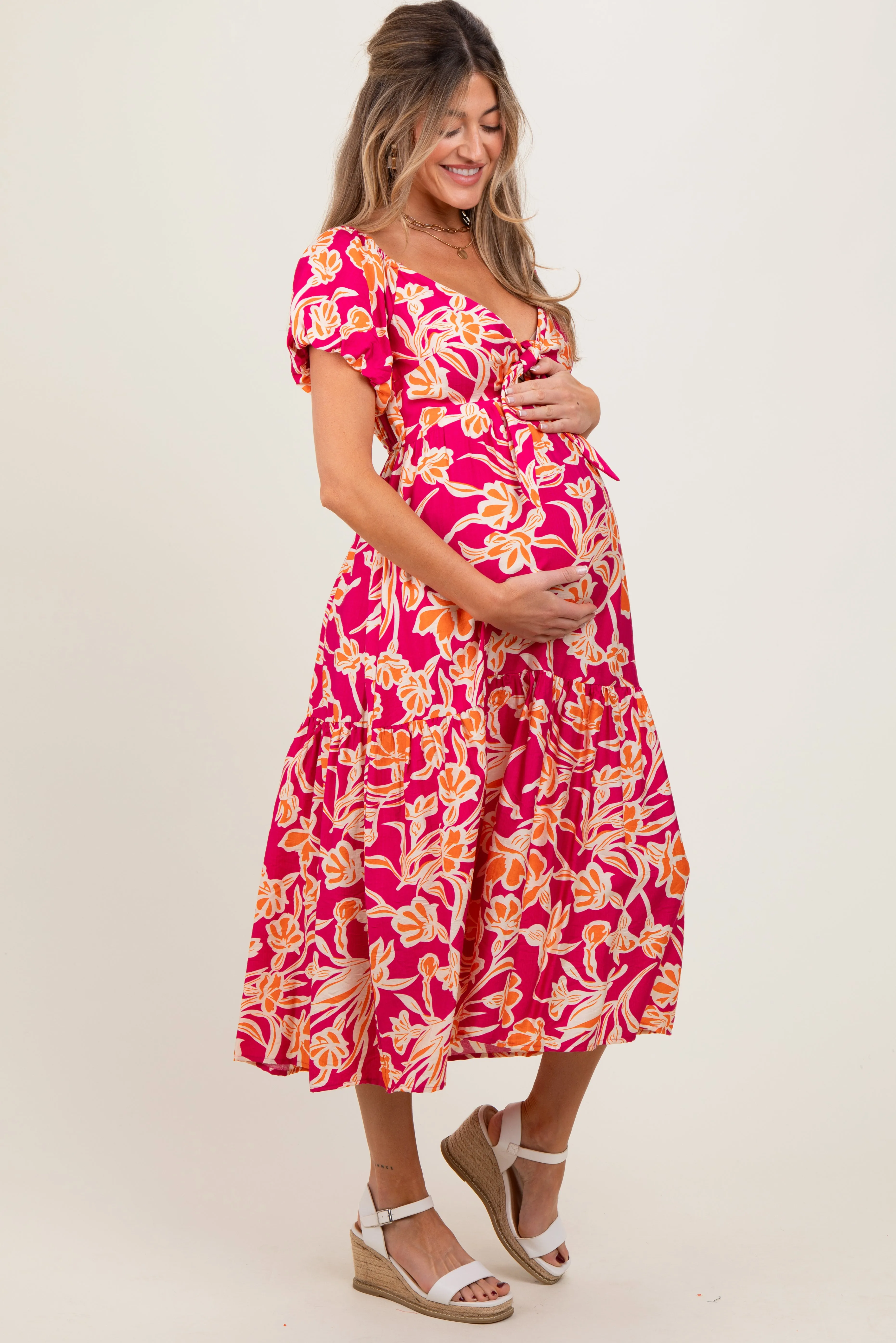Coral Floral Front Tie Maternity Midi Dress sold by Pinkblush product image thumbnail 2