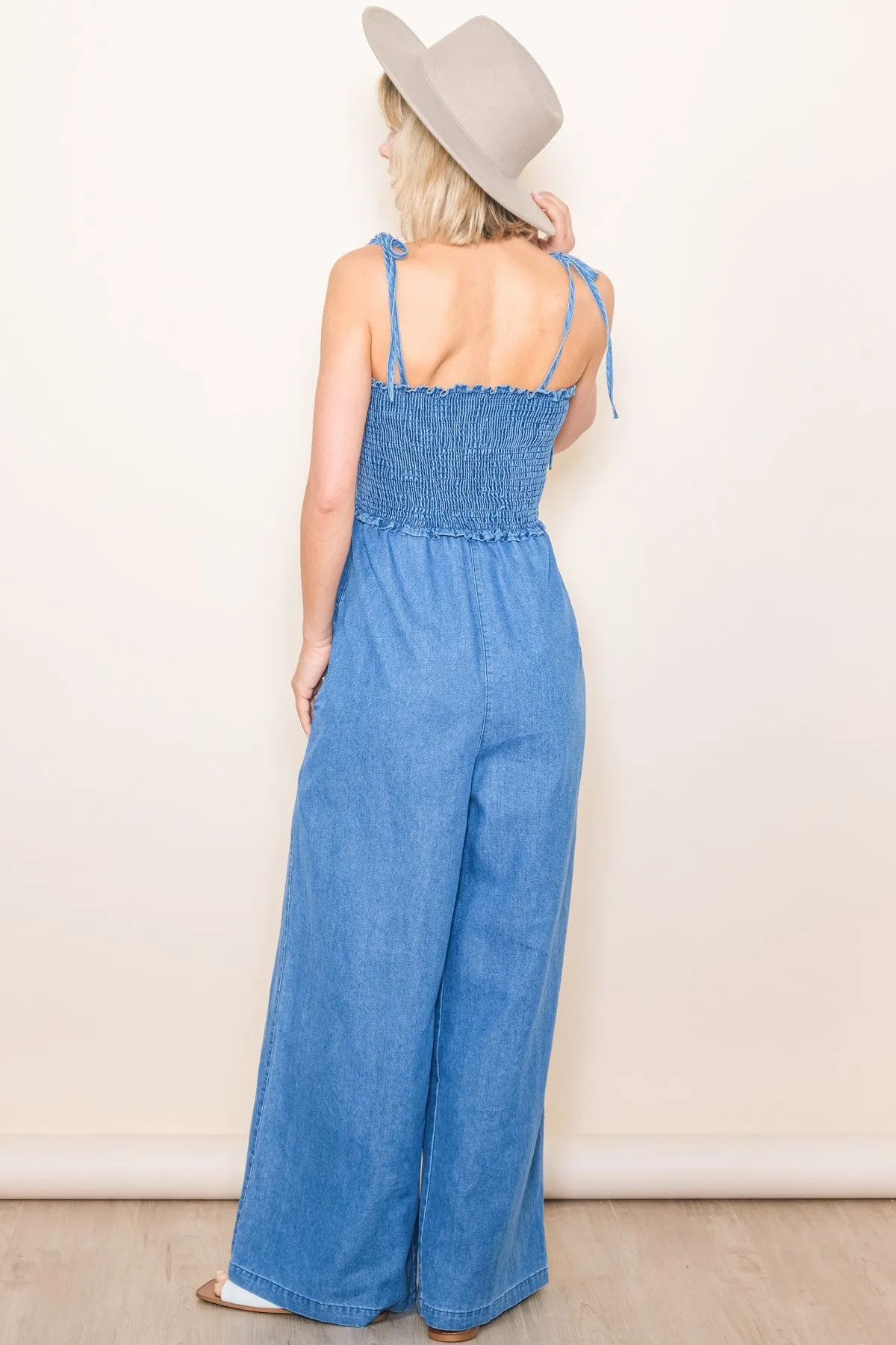 Blue Chambray Shoulder Tie Smocked Jumpsuit sold by Pinkblush product image thumbnail 4