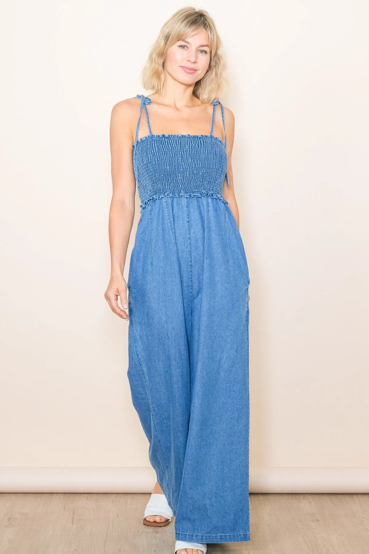 Blue Chambray Shoulder Tie Smocked Jumpsuit sold by Pinkblush product image thumbnail 2