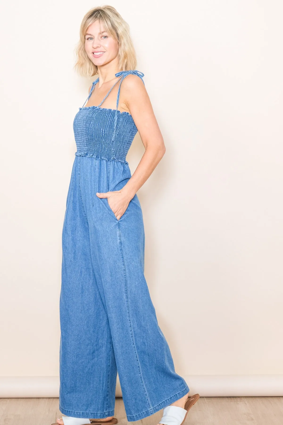 Blue Chambray Shoulder Tie Smocked Jumpsuit sold by Pinkblush product image thumbnail 3