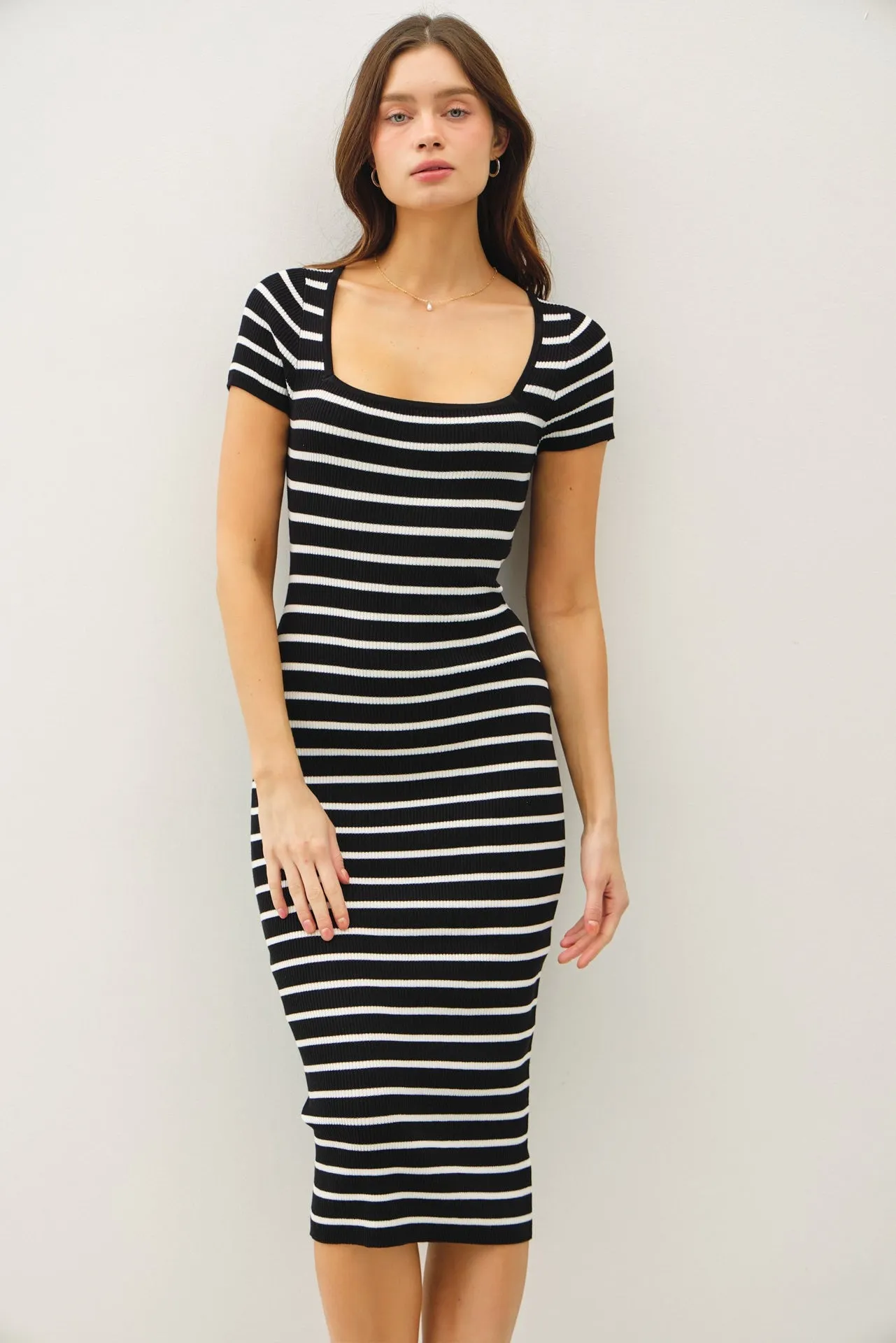 Black Striped Square Neck Short Sleeve Midi Dress sold by Pinkblush product image thumbnail 4