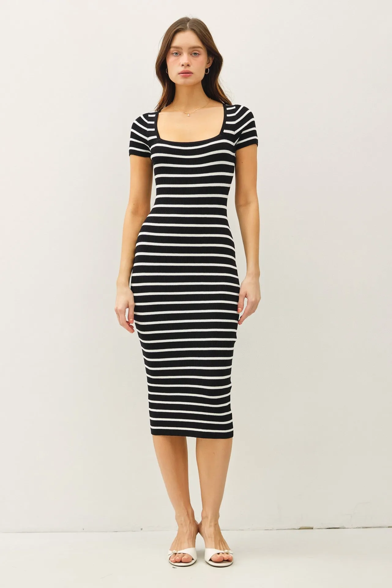 Black Striped Square Neck Short Sleeve Midi Dress sold by Pinkblush