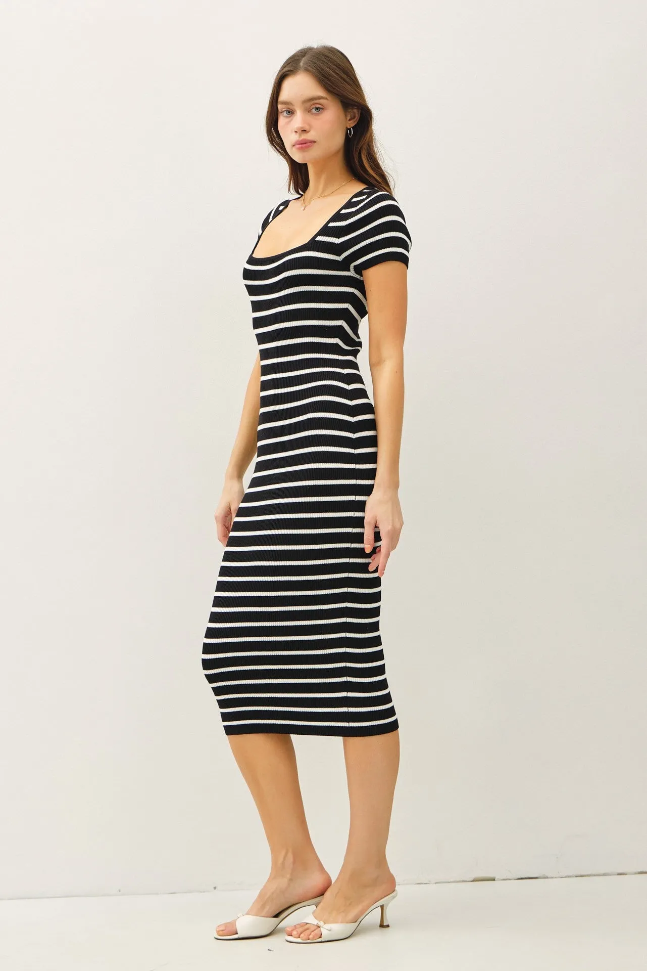 Black Striped Square Neck Short Sleeve Midi Dress sold by Pinkblush product image thumbnail 2