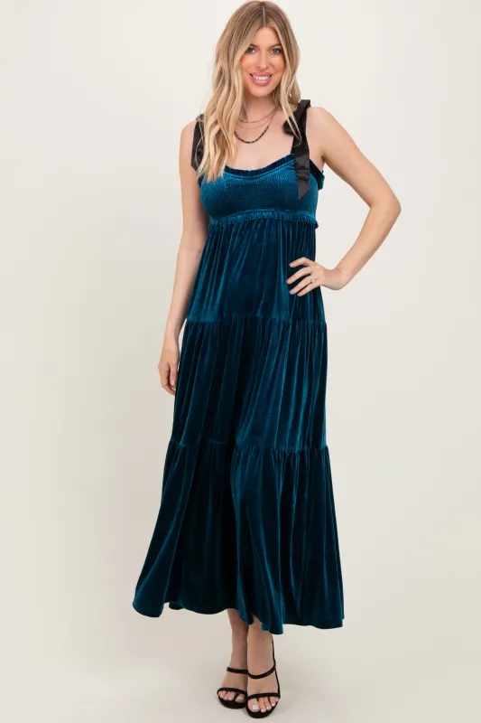 Deep Teal Velvet Smocked Satin Shoulder Tie Maxi Dress sold by Pinkblush