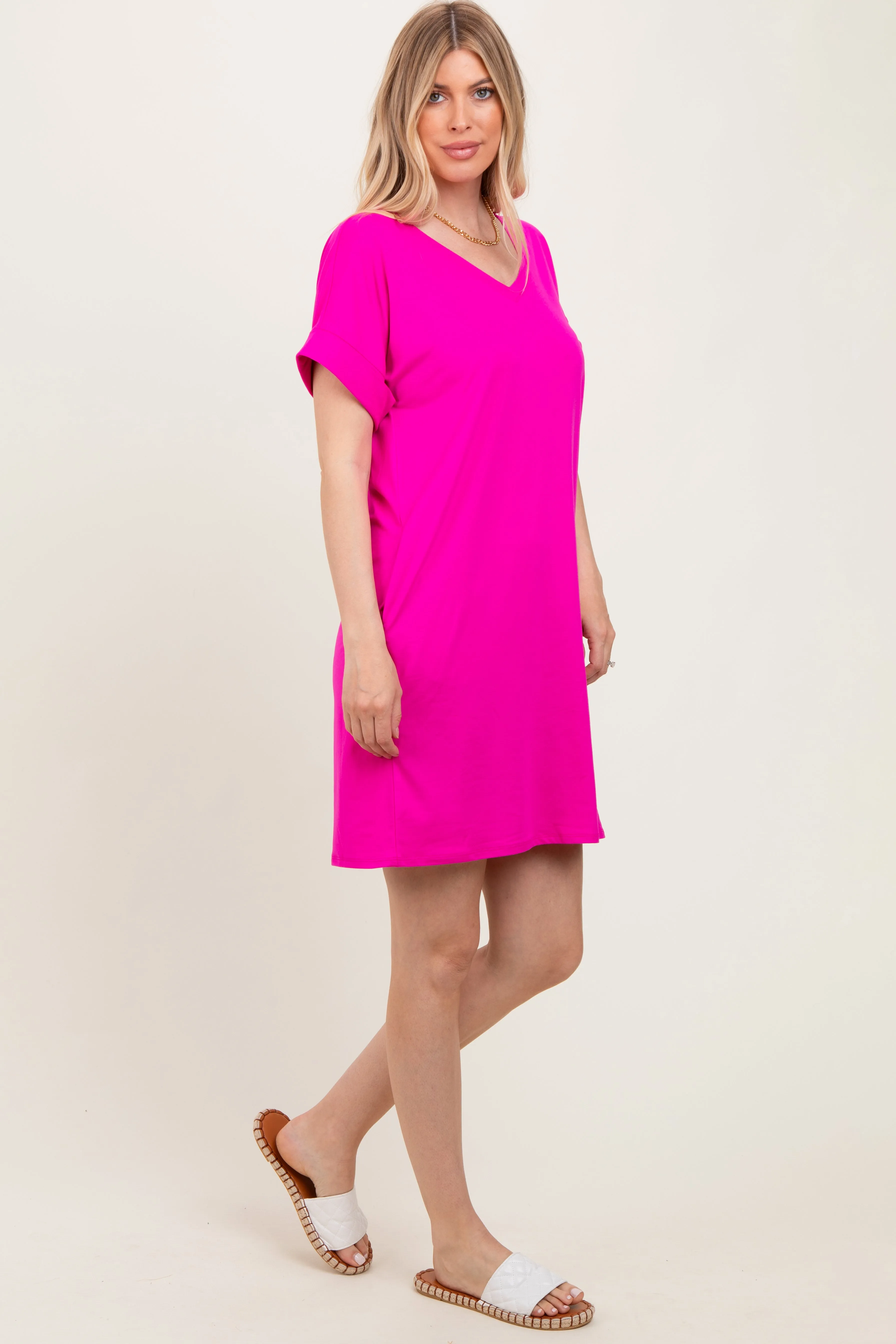 Fuchsia Brushed Rolled Short Sleeve V-Neck Dress sold by Pinkblush product image thumbnail 3