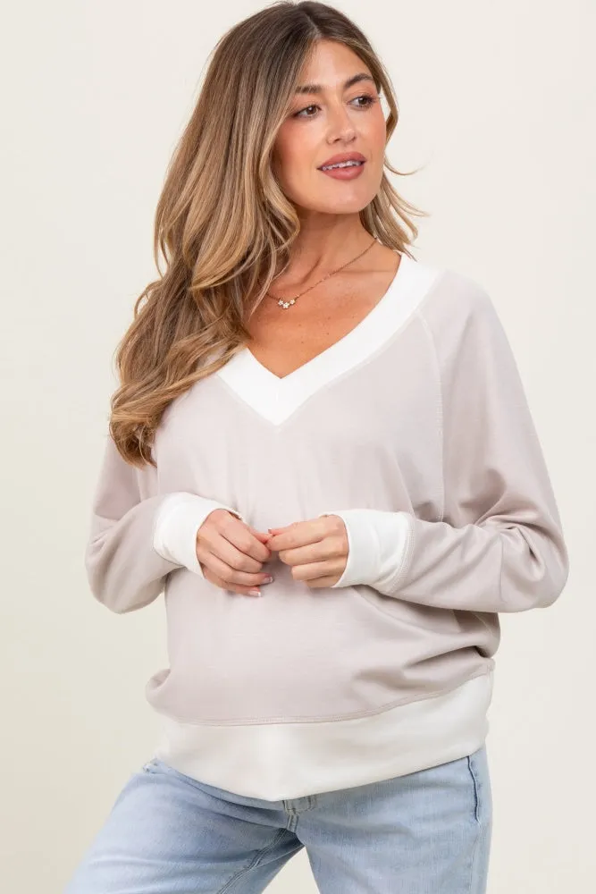 Beige Colorblock V-Neck Maternity Pullover Top sold by Pinkblush
