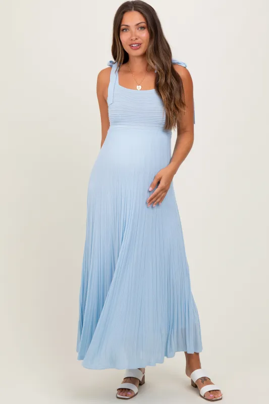 Light Blue Textured Knit Shoulder Tie Maternity Midi Dress sold by Pinkblush