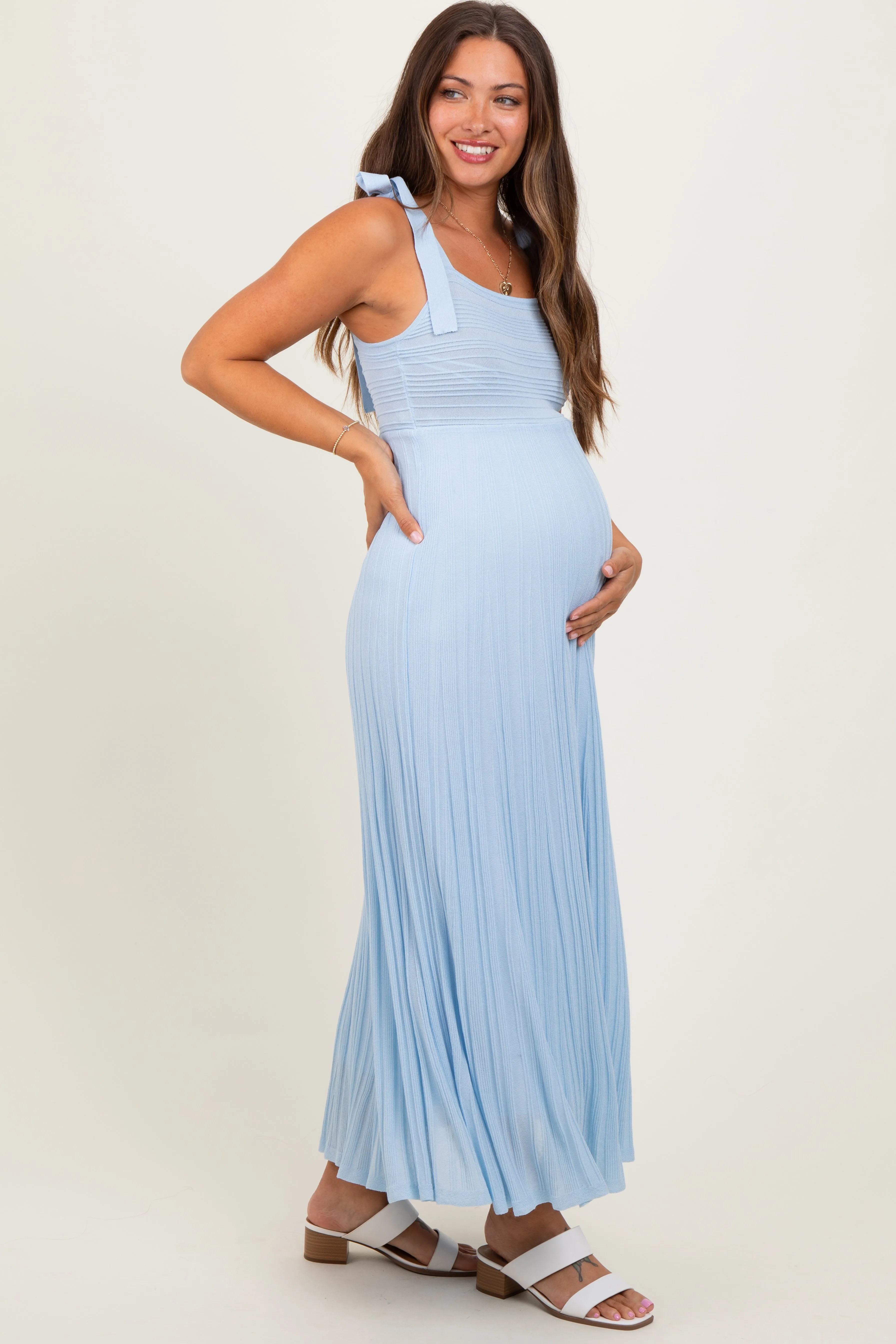 Light Blue Textured Knit Shoulder Tie Maternity Midi Dress sold by Pinkblush product image thumbnail 3