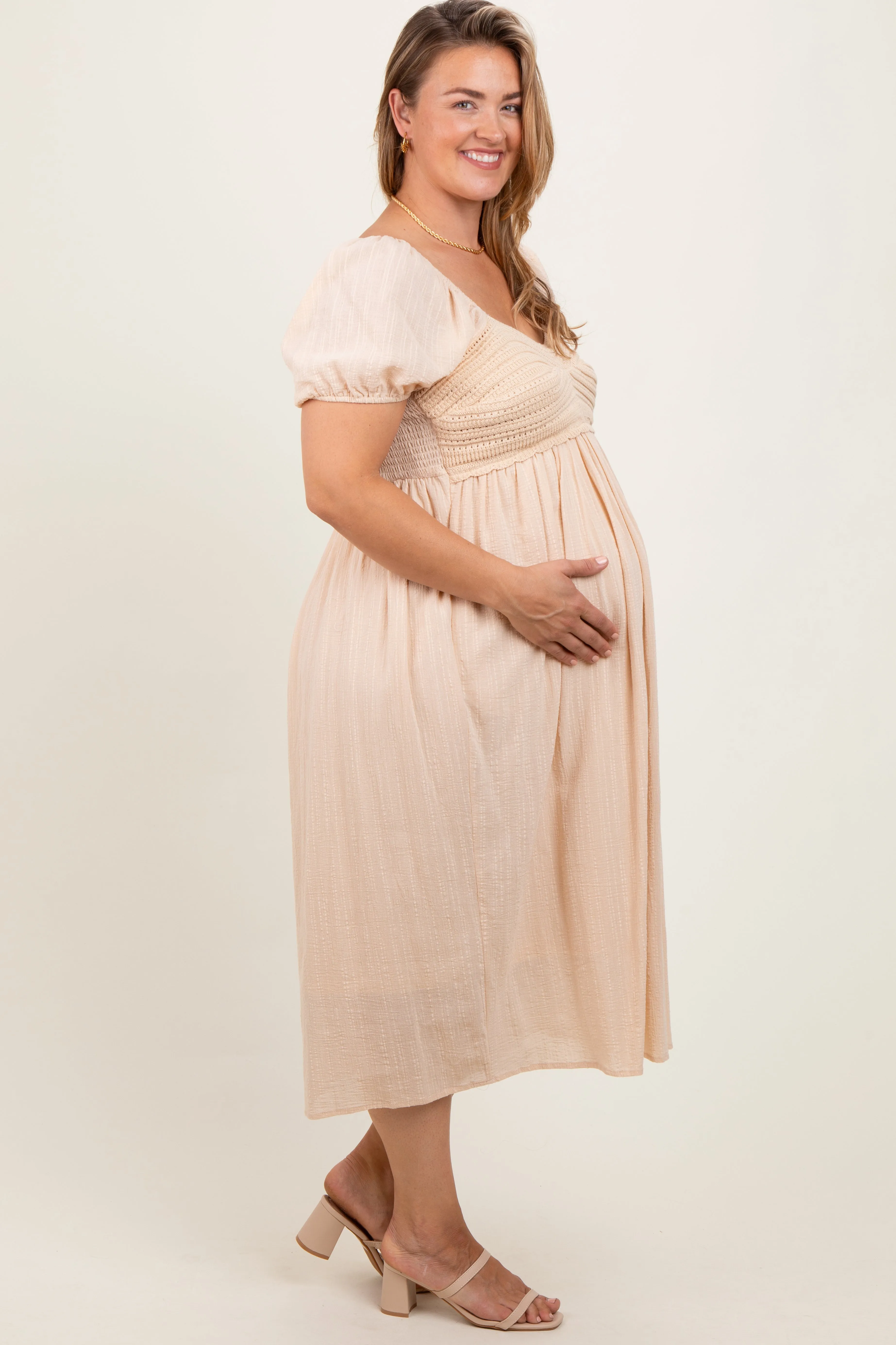 Cream Crochet Bodice Cotton Plus Maternity Midi Dress sold by Pinkblush product image thumbnail 3