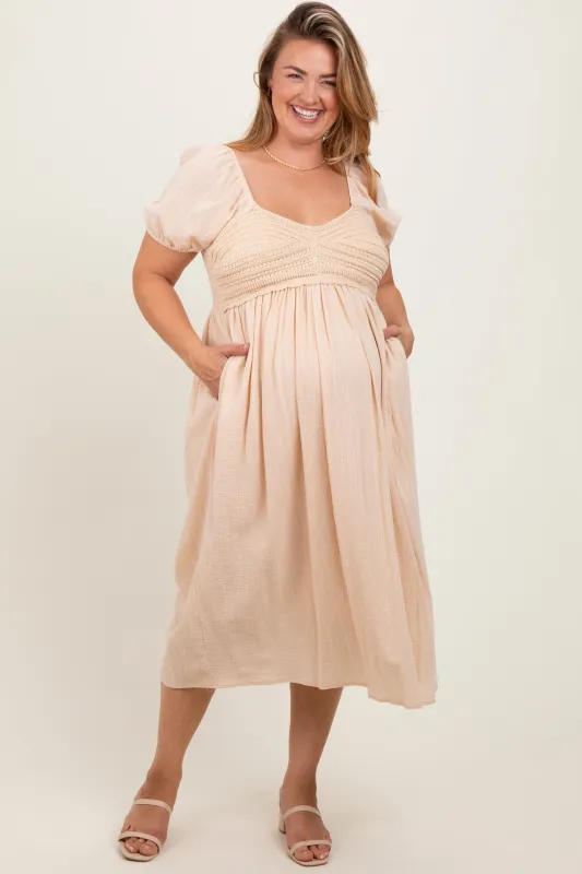 Cream Crochet Bodice Cotton Plus Maternity Midi Dress sold by Pinkblush