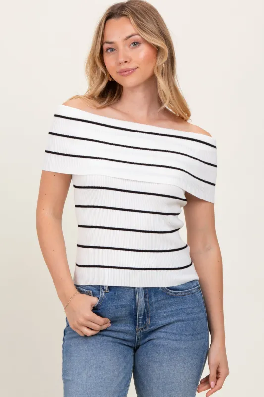 White Striped Off The Shoulder Sweater Top sold by Pinkblush