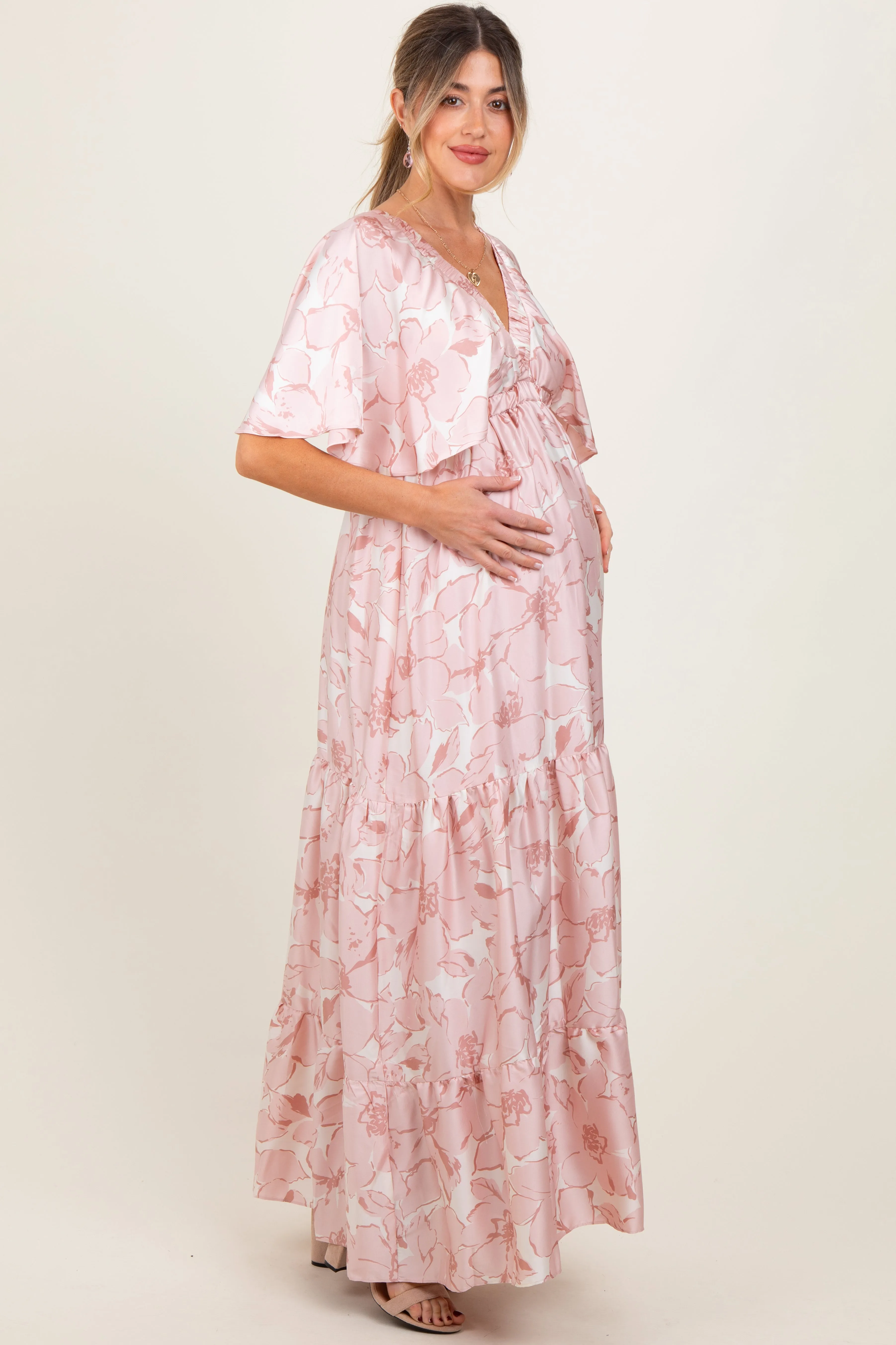Pink Floral Short Sleeve Deep V-Neck Tiered Maternity Maxi Dress sold by Pinkblush product image thumbnail 3