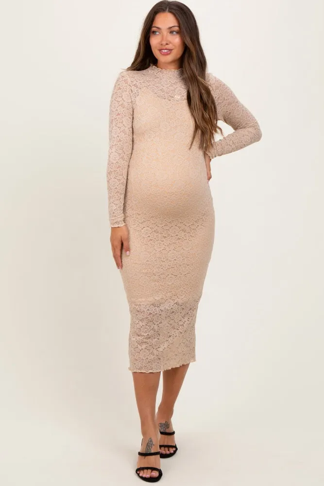 Cream Lace Overlay Long Sleeve Fitted Maternity Midi Dress sold by Pinkblush