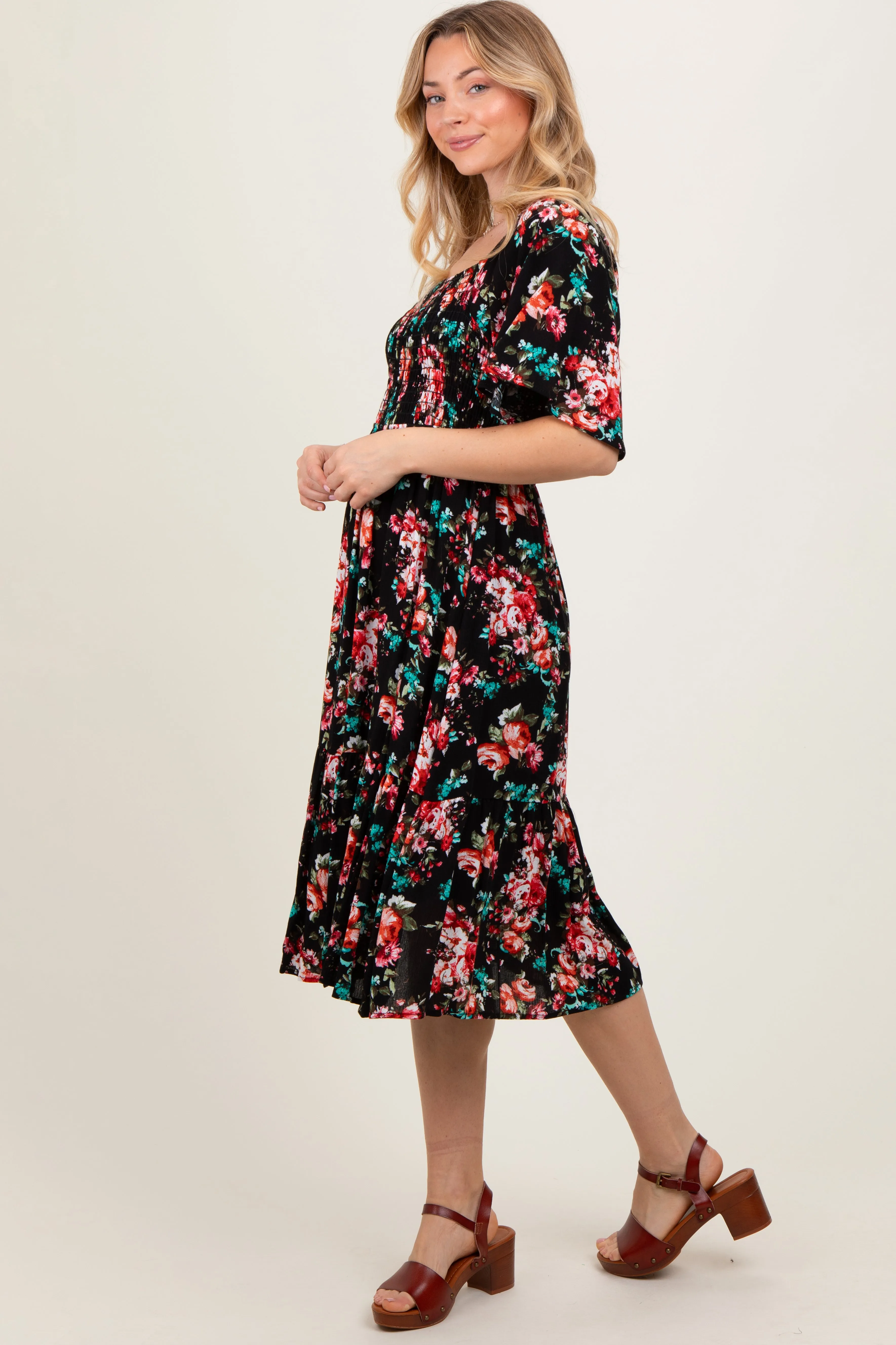 Black Floral Smocked Midi Dress sold by Pinkblush product image thumbnail 2