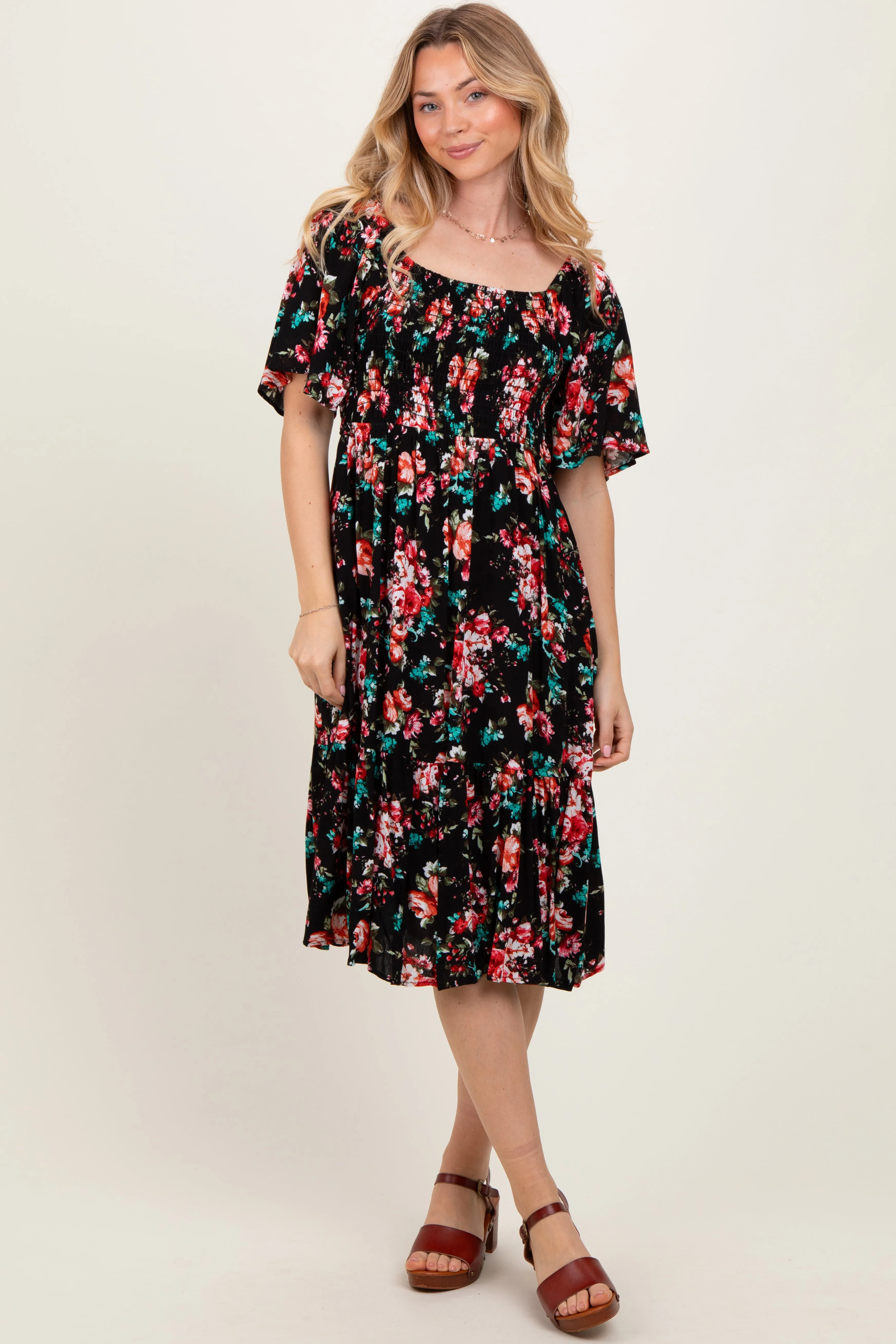 Black Floral Smocked Midi Dress sold by Pinkblush