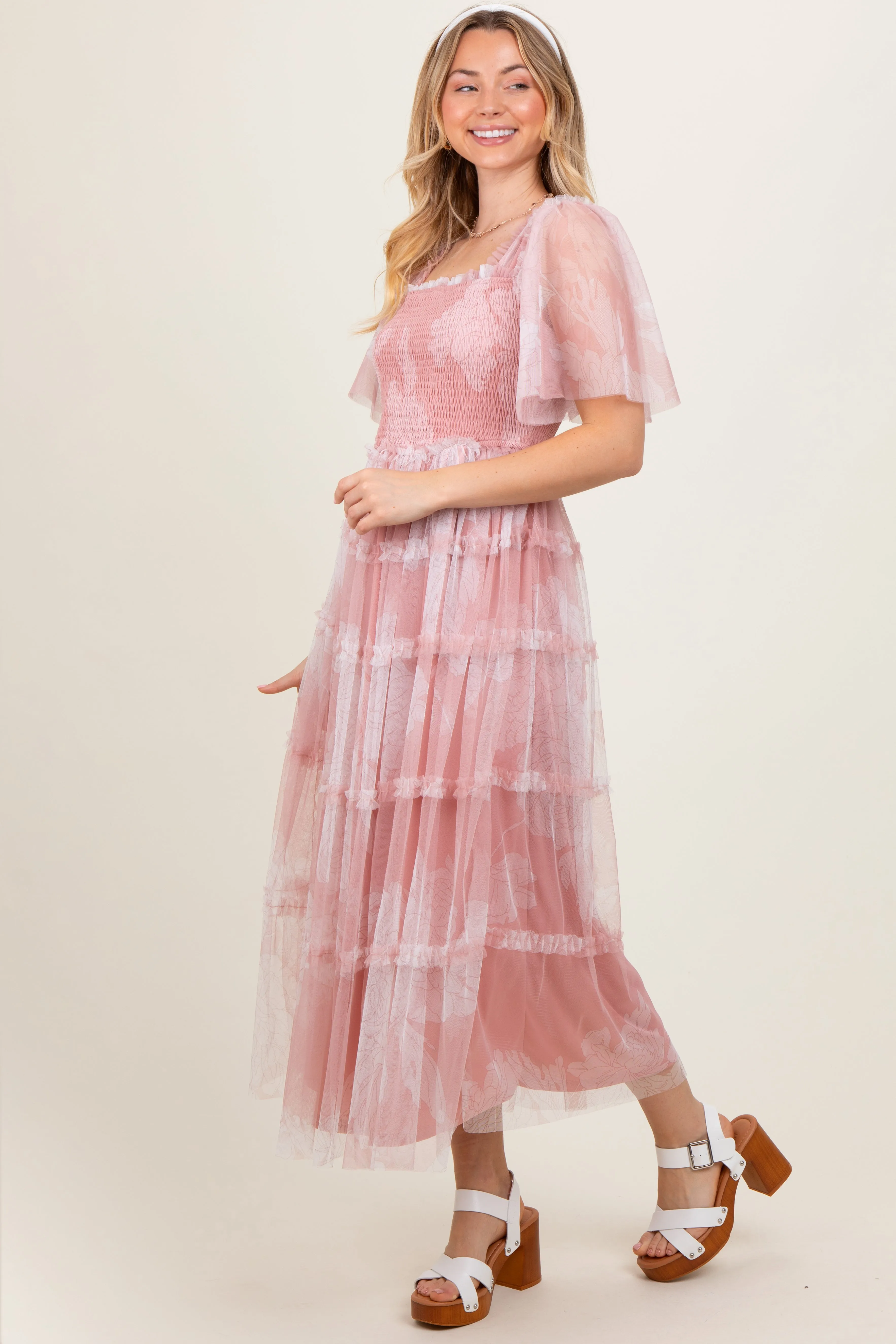 Pink Smocked Top Mesh Ruffled Midi Dress sold by Pinkblush product image thumbnail 2