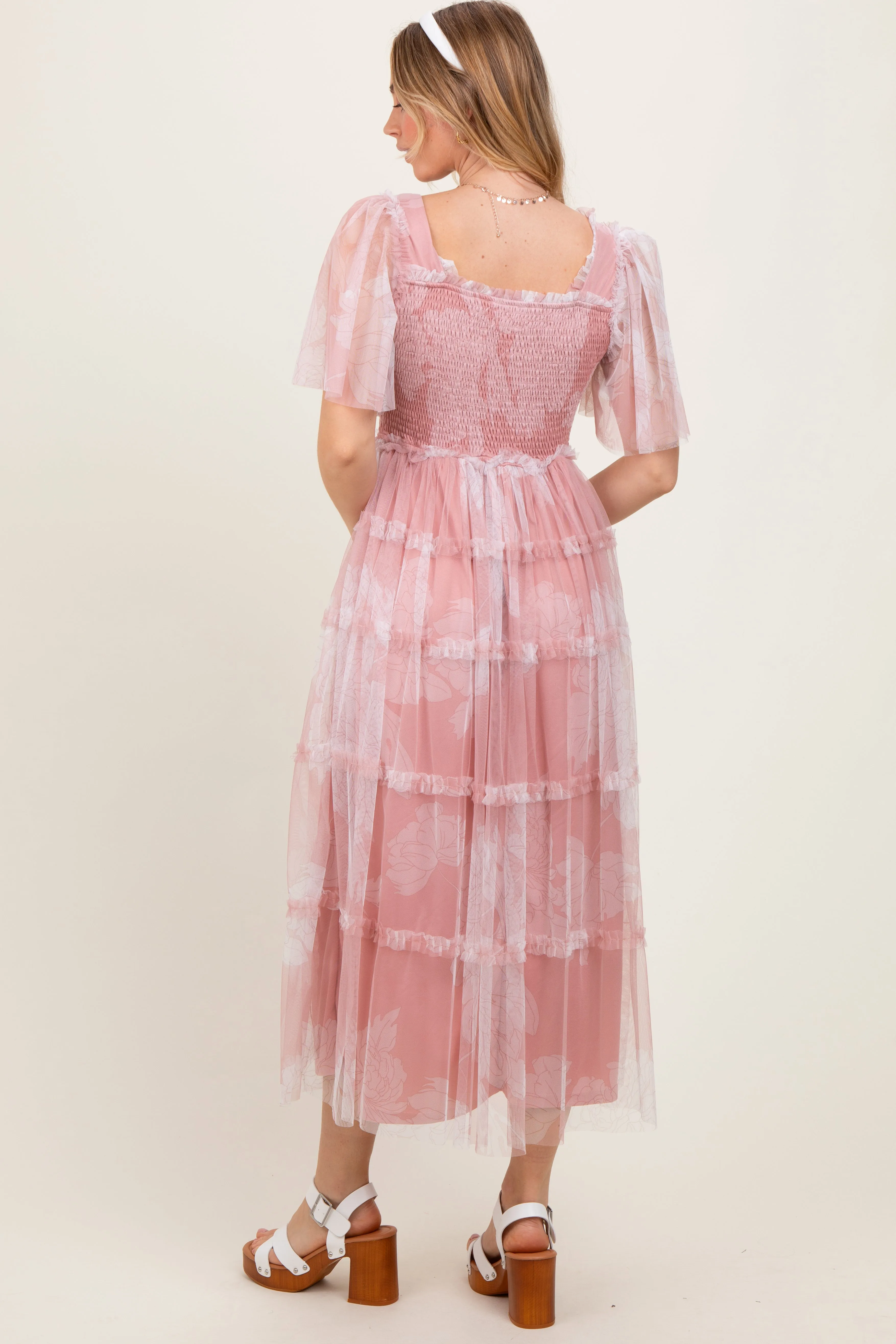 Pink Smocked Top Mesh Ruffled Midi Dress sold by Pinkblush product image thumbnail 3