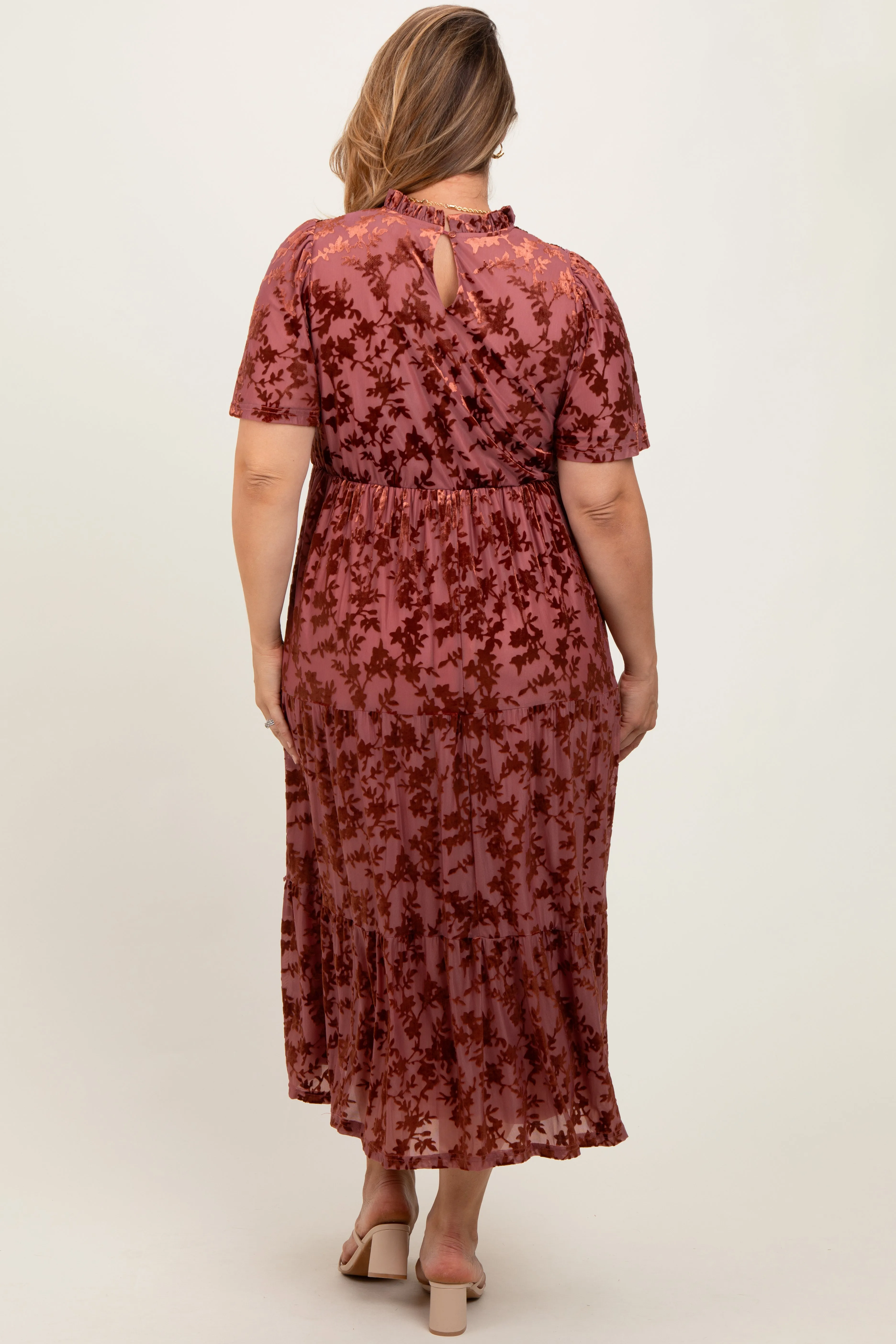 Mauve Floral Velvet Print Smocked Maternity Plus Midi Dress sold by Pinkblush product image thumbnail 3