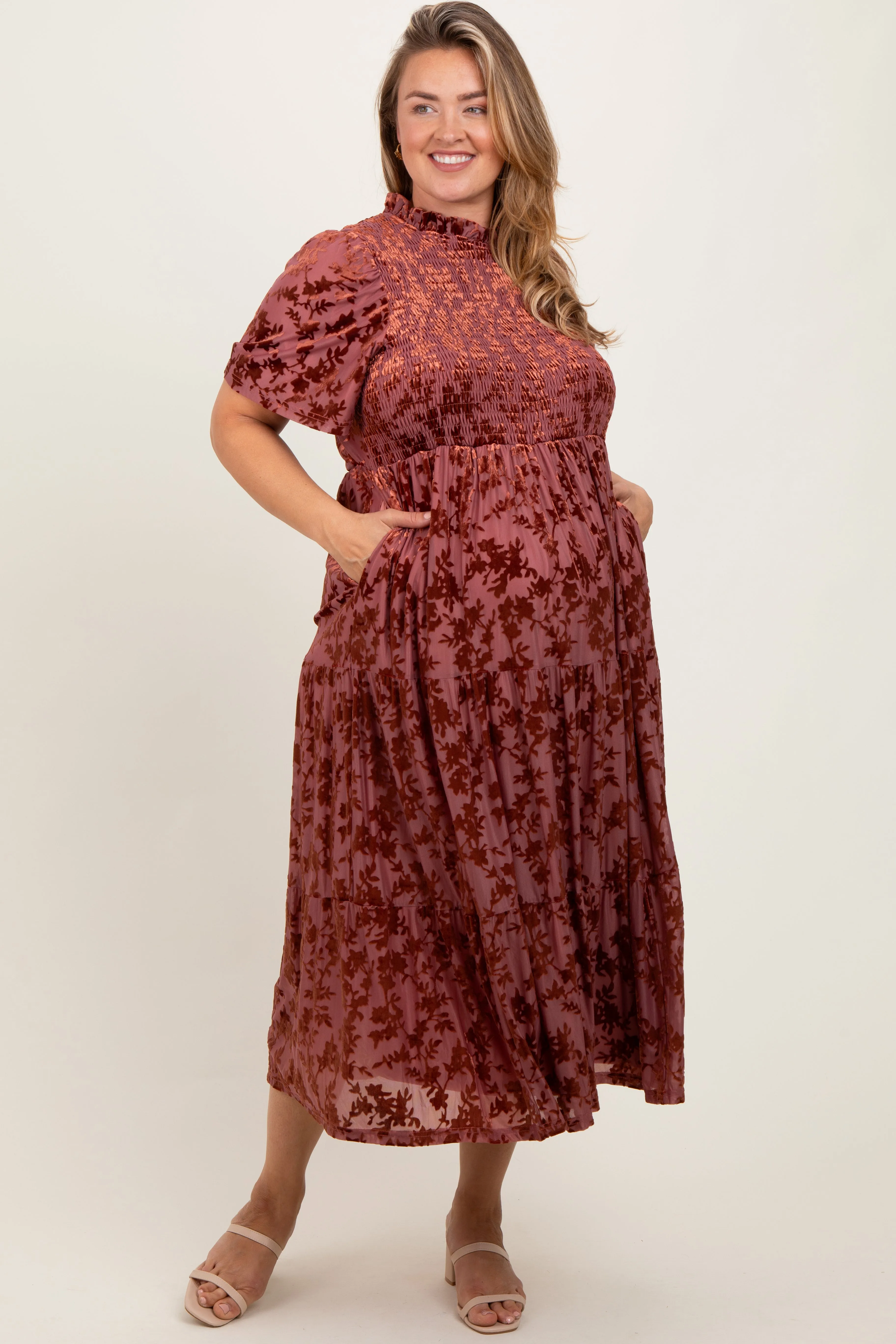 Mauve Floral Velvet Print Smocked Maternity Plus Midi Dress sold by Pinkblush
