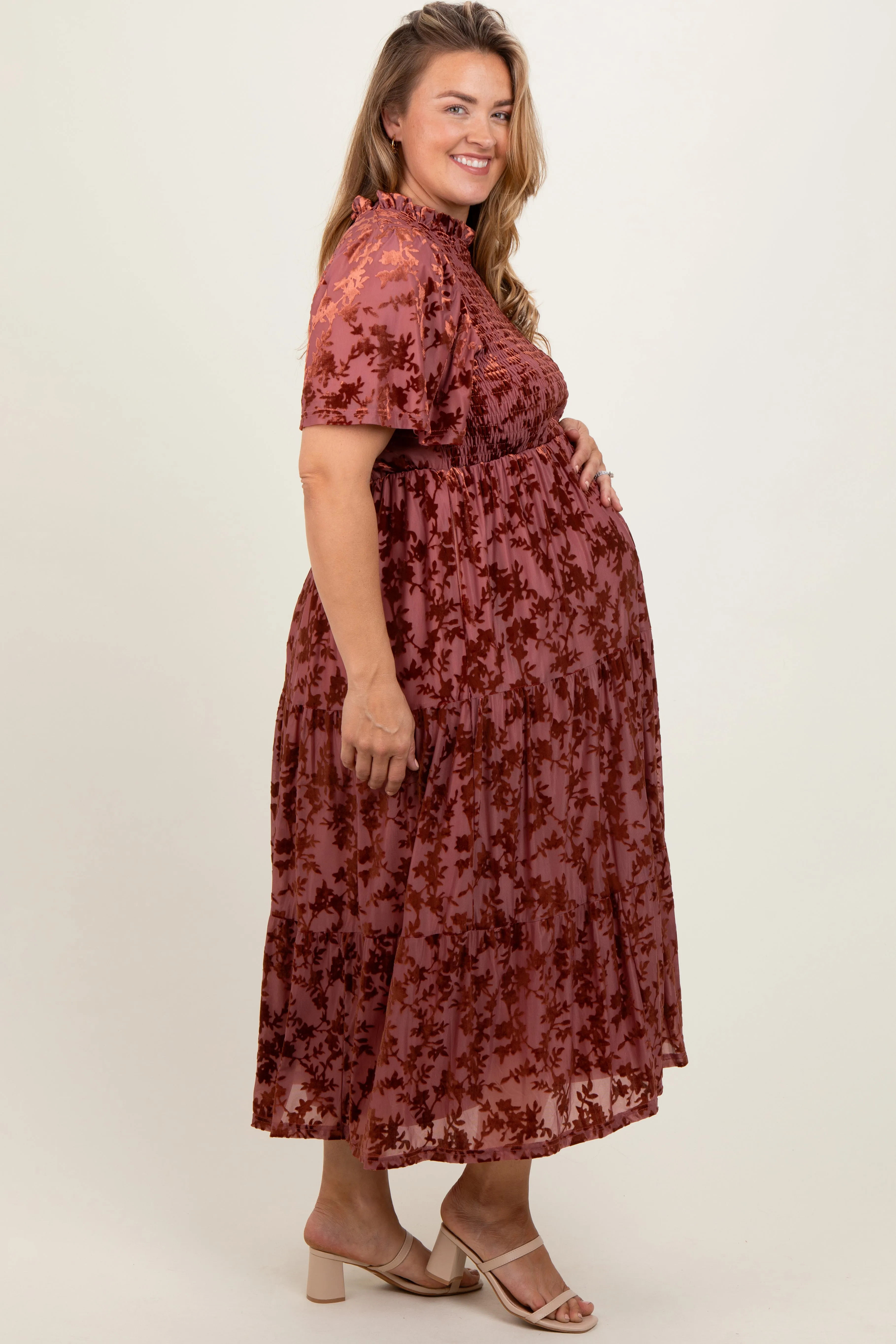 Mauve Floral Velvet Print Smocked Maternity Plus Midi Dress sold by Pinkblush product image thumbnail 2