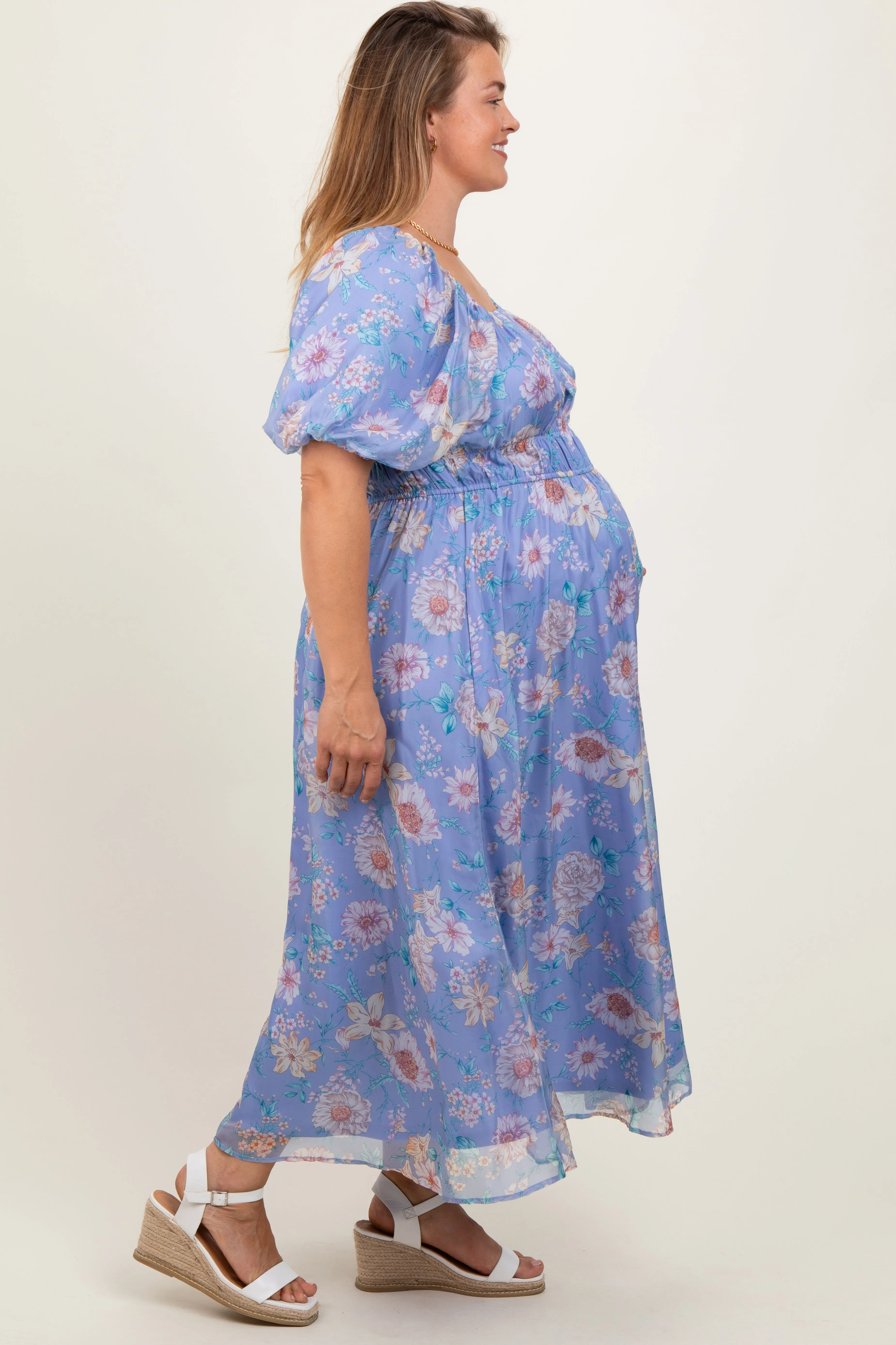 Blue Floral Chiffon Puff Sleeve Maternity Plus Midi Dress sold by Pinkblush product image thumbnail 3