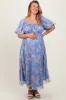 Blue Floral Chiffon Puff Sleeve Maternity Plus Midi Dress sold by Pinkblush