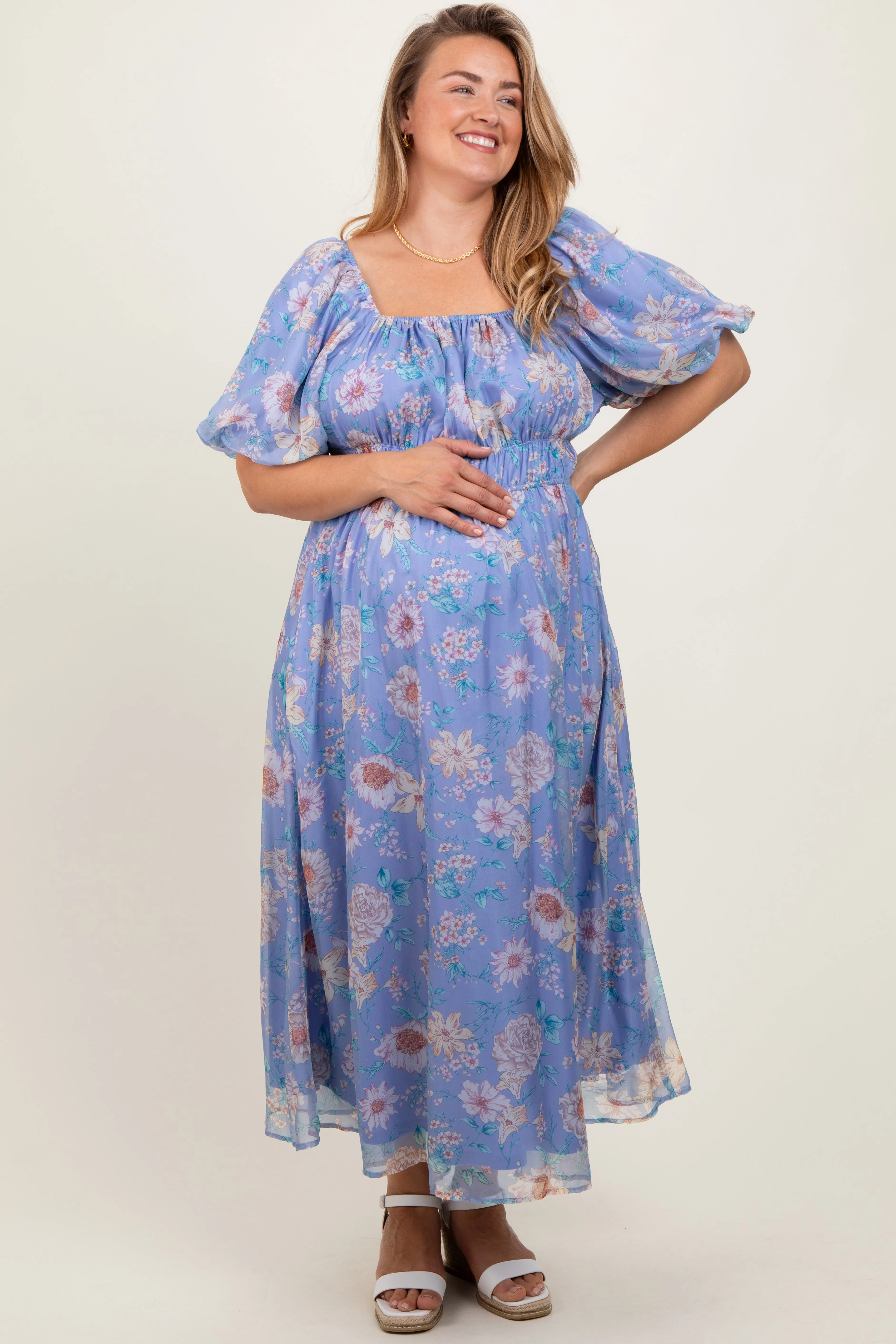 Blue Floral Chiffon Puff Sleeve Maternity Plus Midi Dress sold by Pinkblush