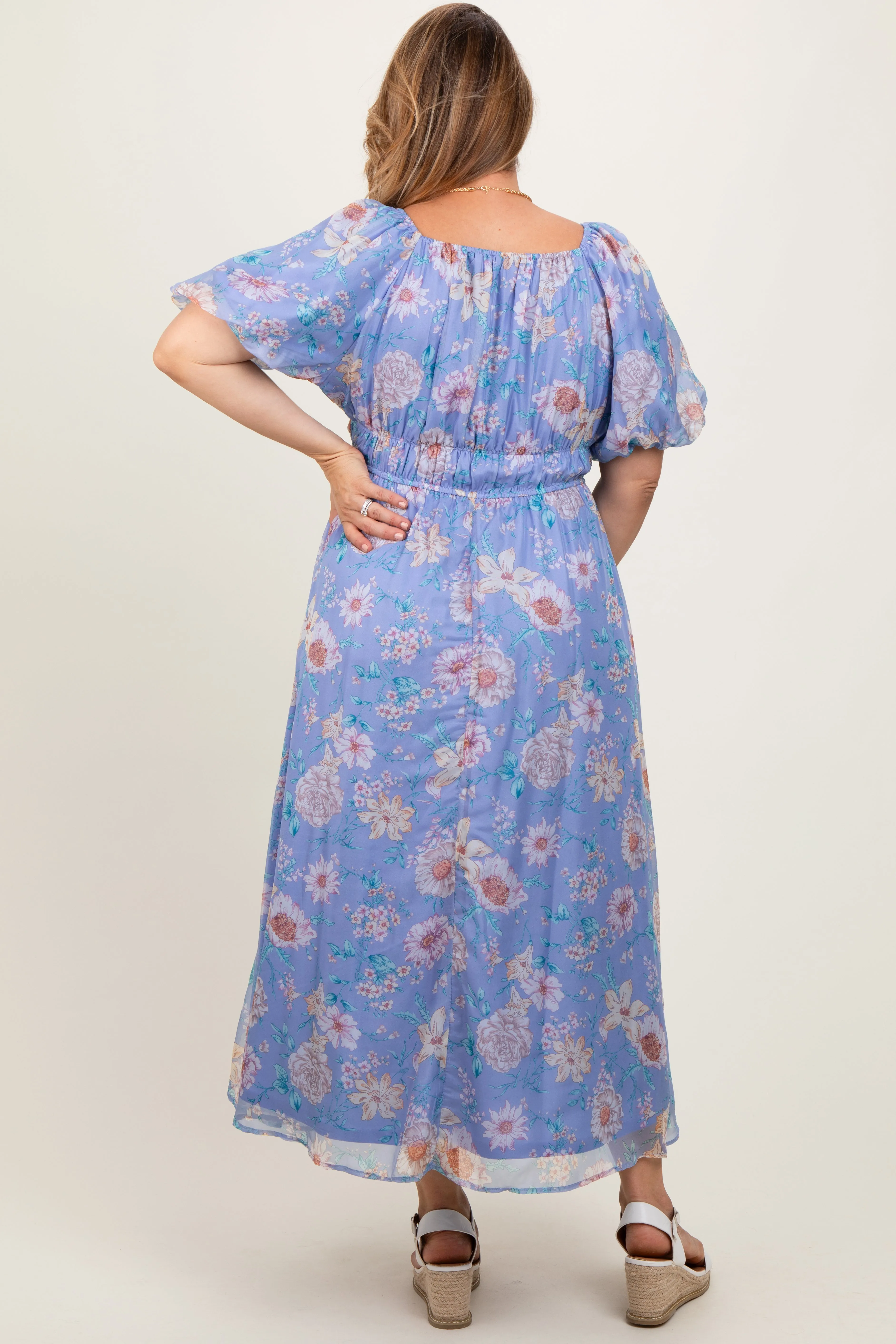Blue Floral Chiffon Puff Sleeve Maternity Plus Midi Dress sold by Pinkblush product image thumbnail 4
