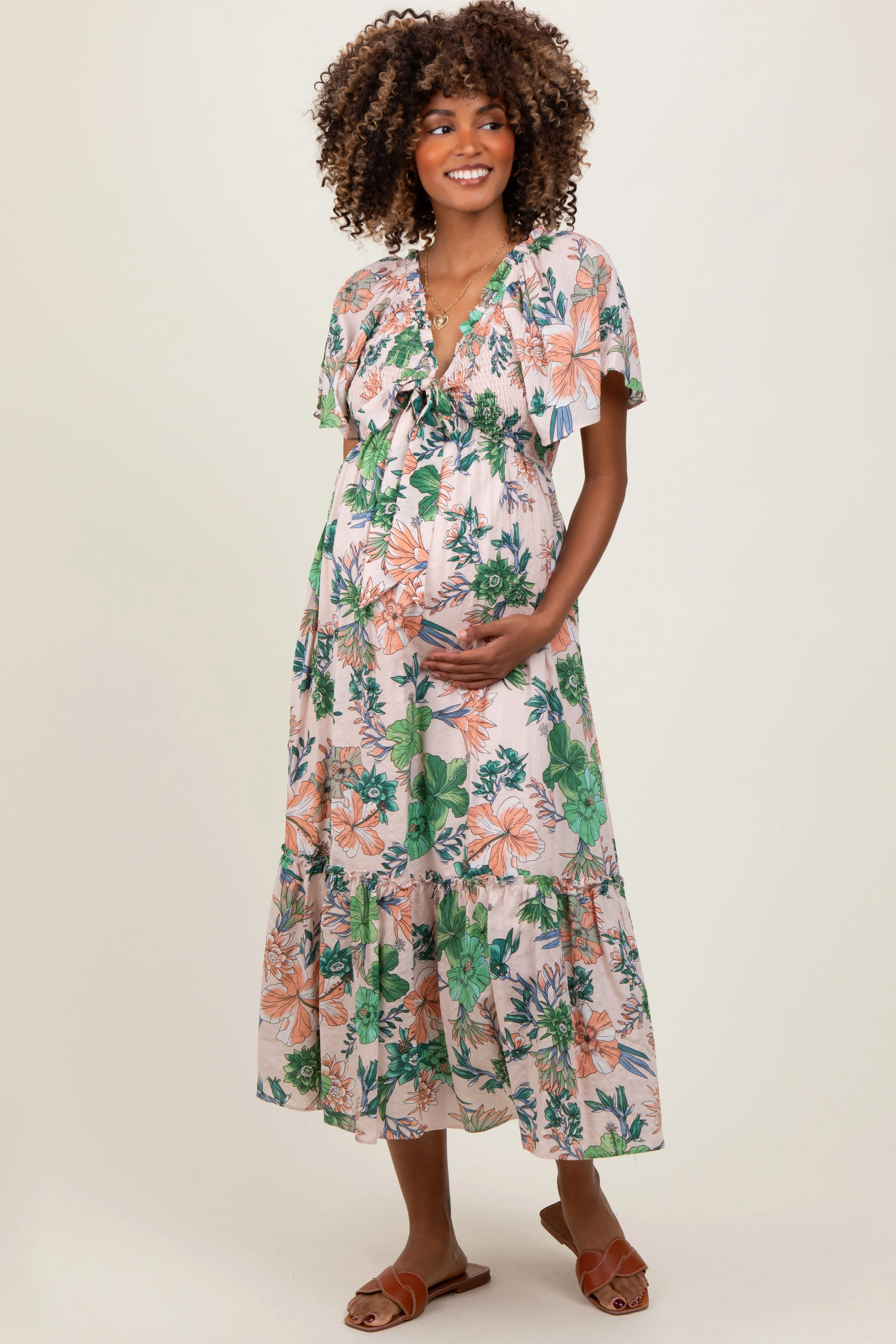 Light Pink Floral Print Woven Maternity Midi Dress sold by Pinkblush