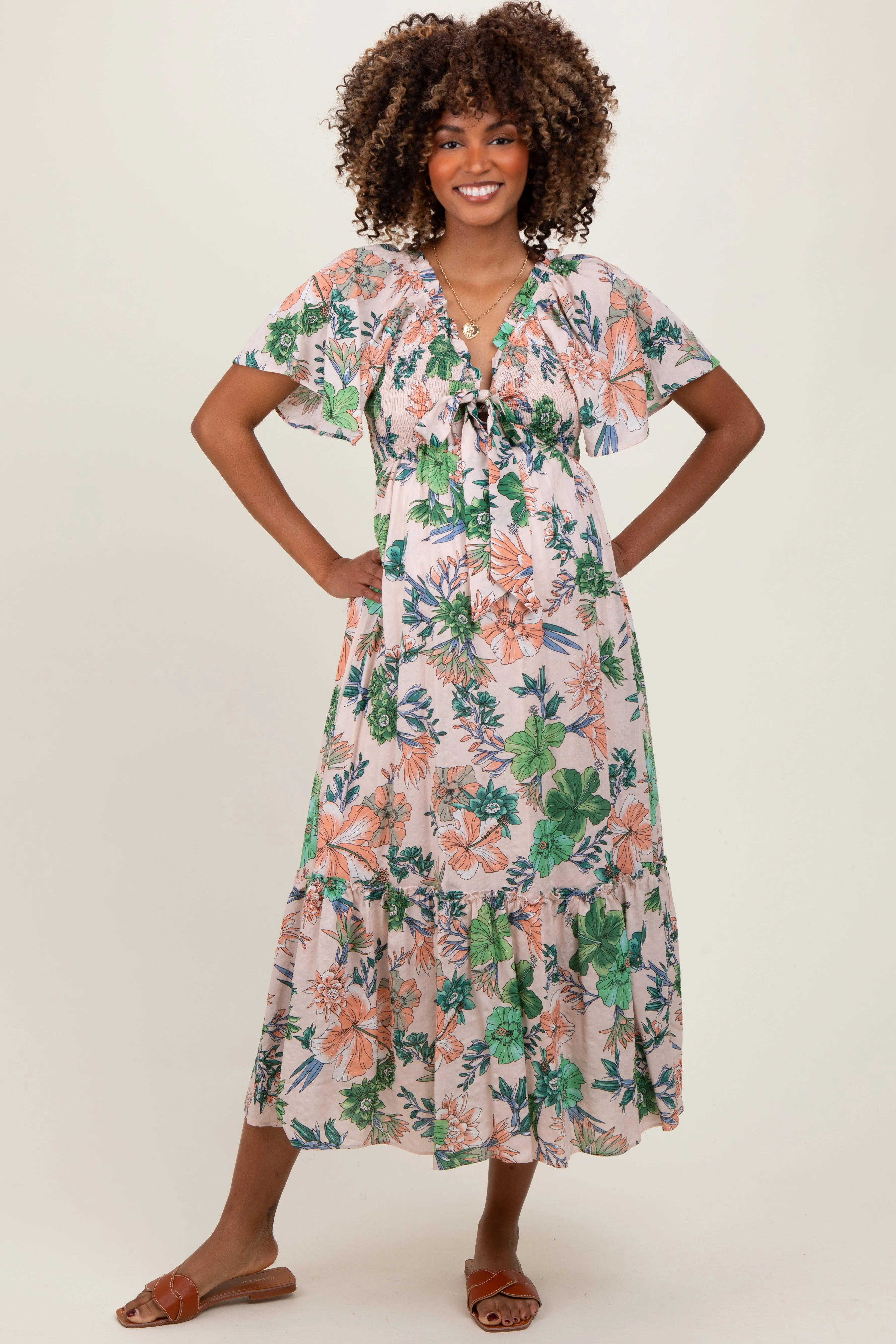 Light Pink Floral Print Woven Maternity Midi Dress sold by Pinkblush product image thumbnail 2