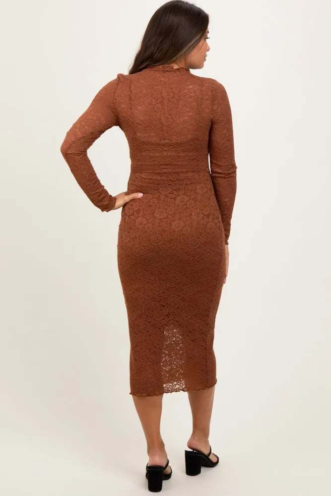 Brown Lace Overlay Long Sleeve Fitted Maternity Midi Dress sold by Pinkblush product image thumbnail 4