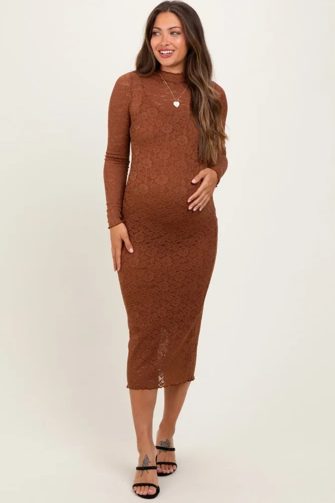 Brown Lace Overlay Long Sleeve Fitted Maternity Midi Dress sold by Pinkblush