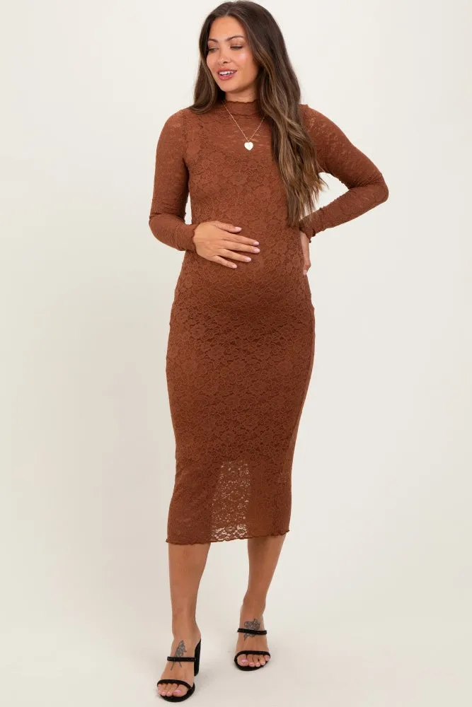 Brown Lace Overlay Long Sleeve Fitted Maternity Midi Dress sold by Pinkblush product image thumbnail 2