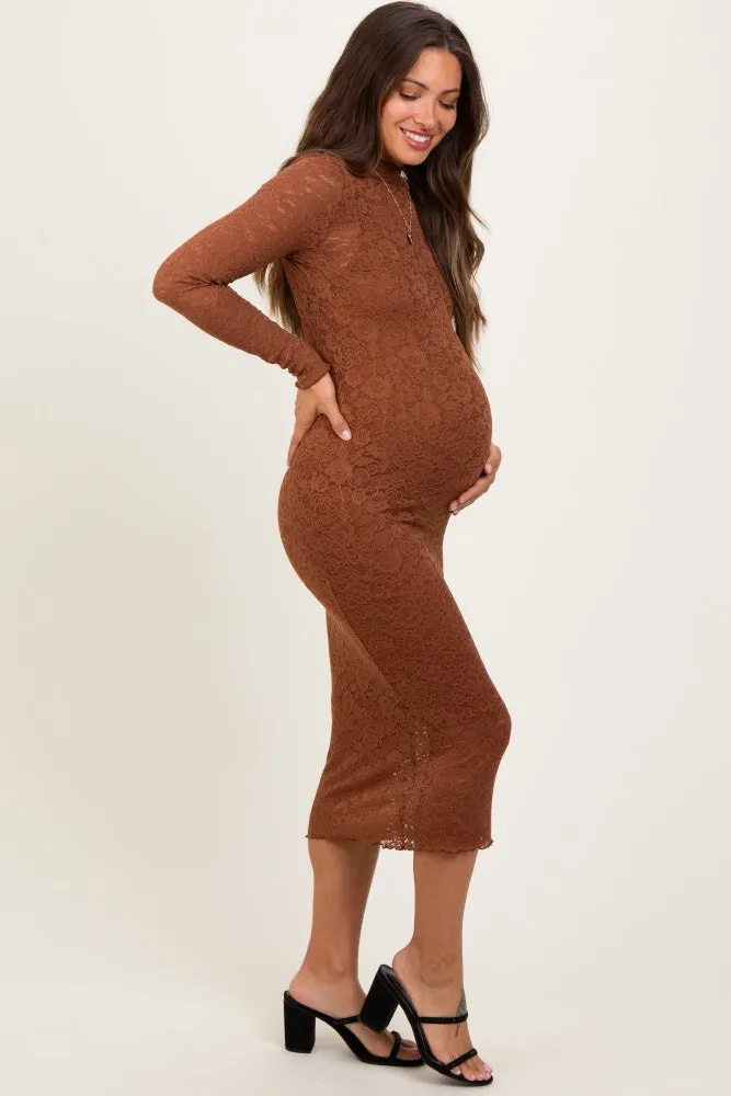 Brown Lace Overlay Long Sleeve Fitted Maternity Midi Dress sold by Pinkblush product image thumbnail 3