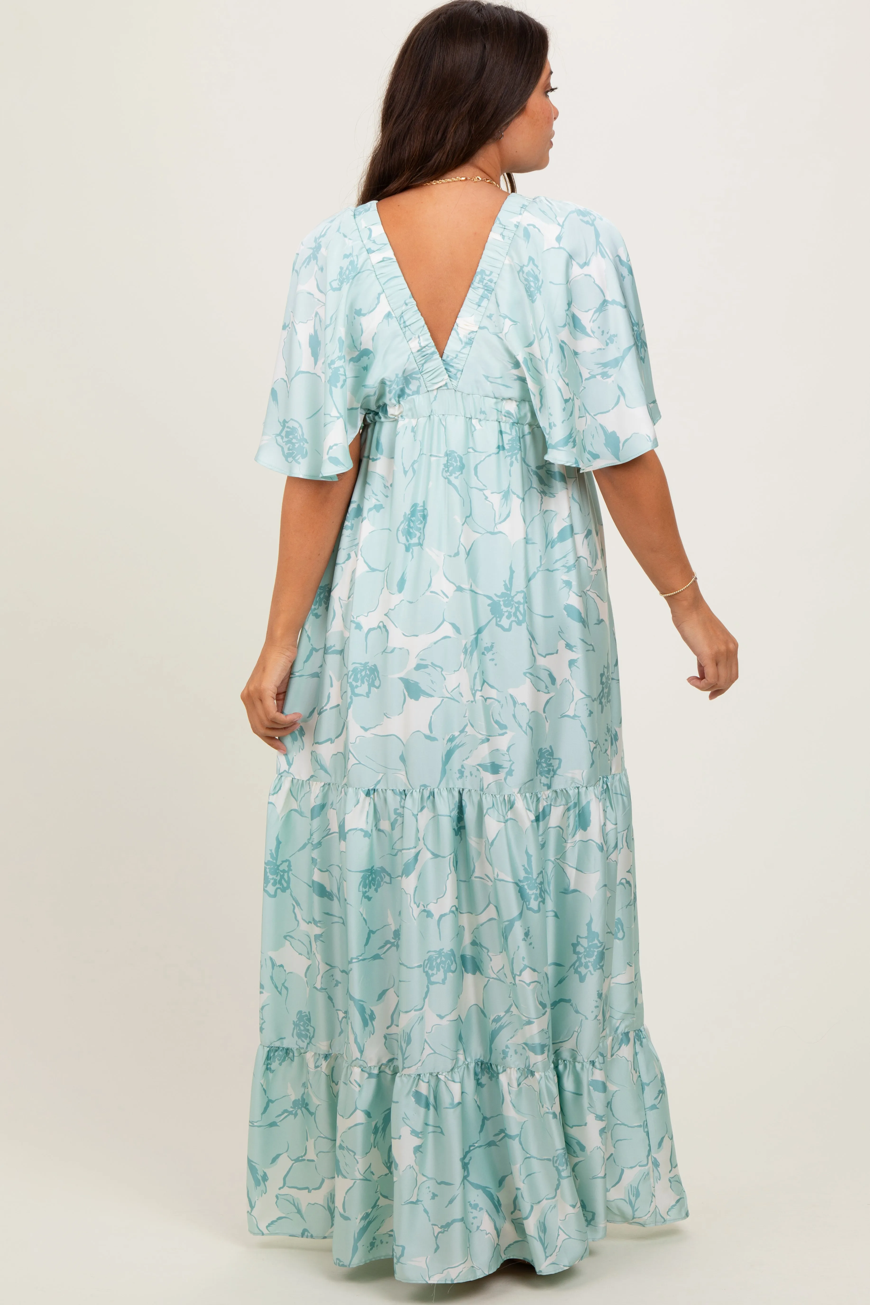 Sage Floral Short Sleeve Deep V-Neck Tiered Maternity Maxi Dress sold by Pinkblush product image thumbnail 4