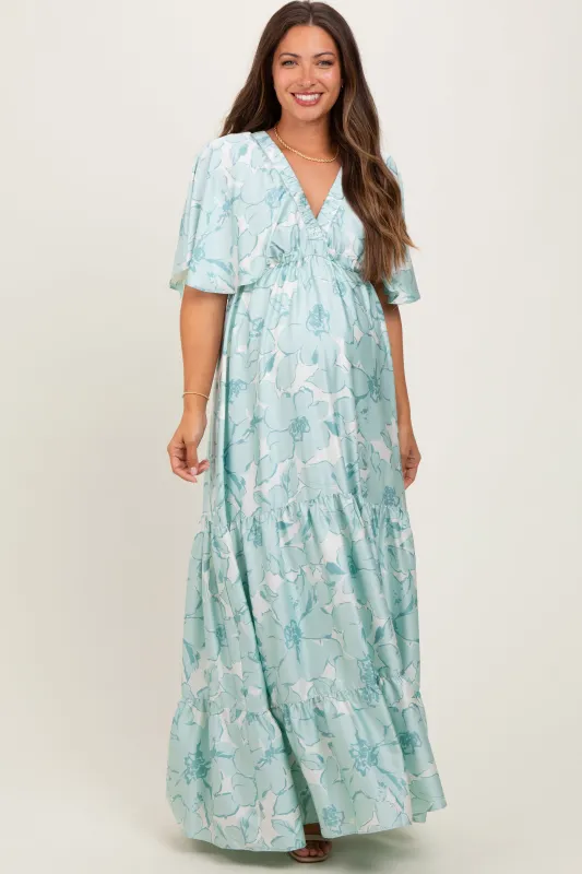 Sage Floral Short Sleeve Deep V-Neck Tiered Maternity Maxi Dress sold by Pinkblush