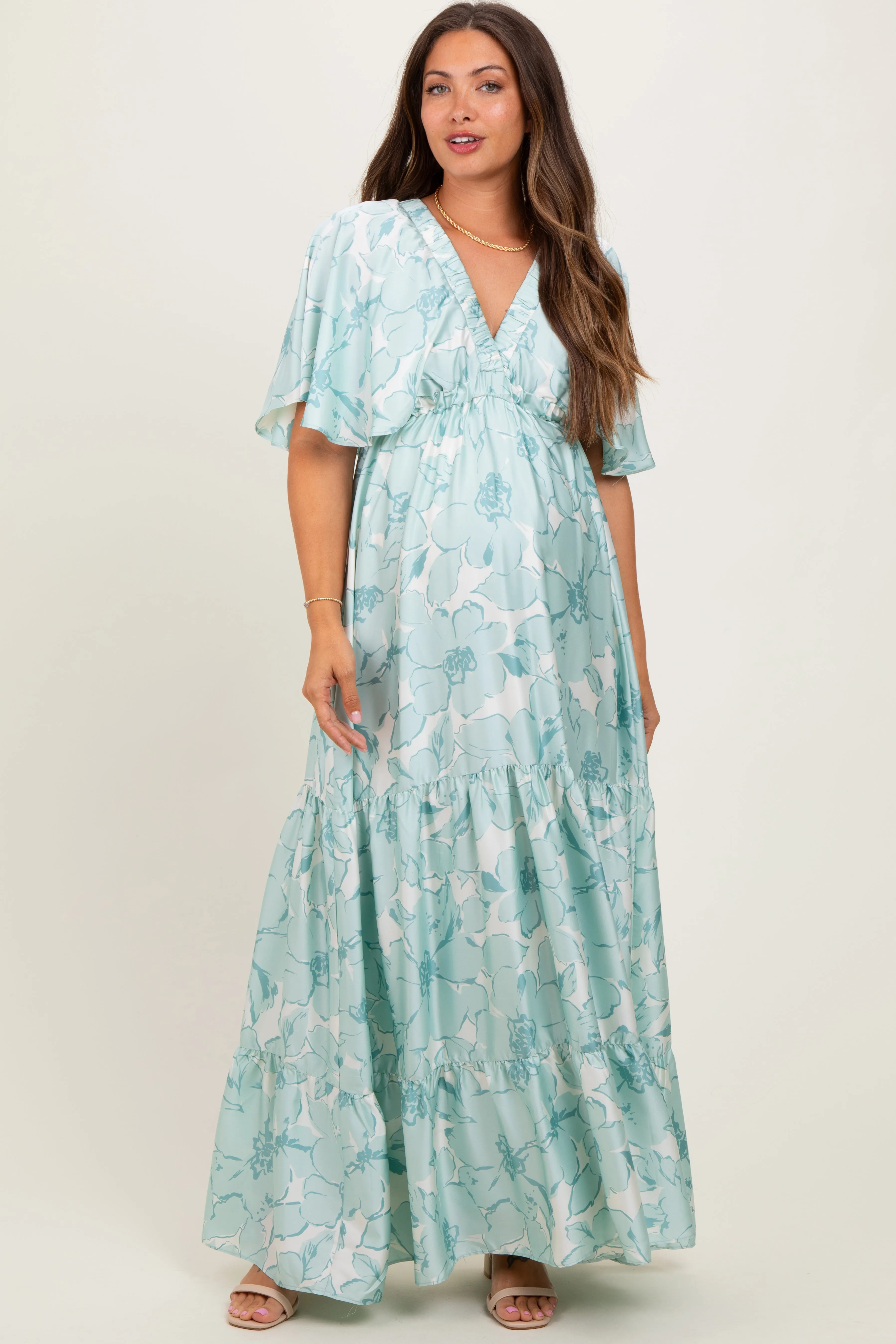 Sage Floral Short Sleeve Deep V-Neck Tiered Maternity Maxi Dress sold by Pinkblush product image thumbnail 2