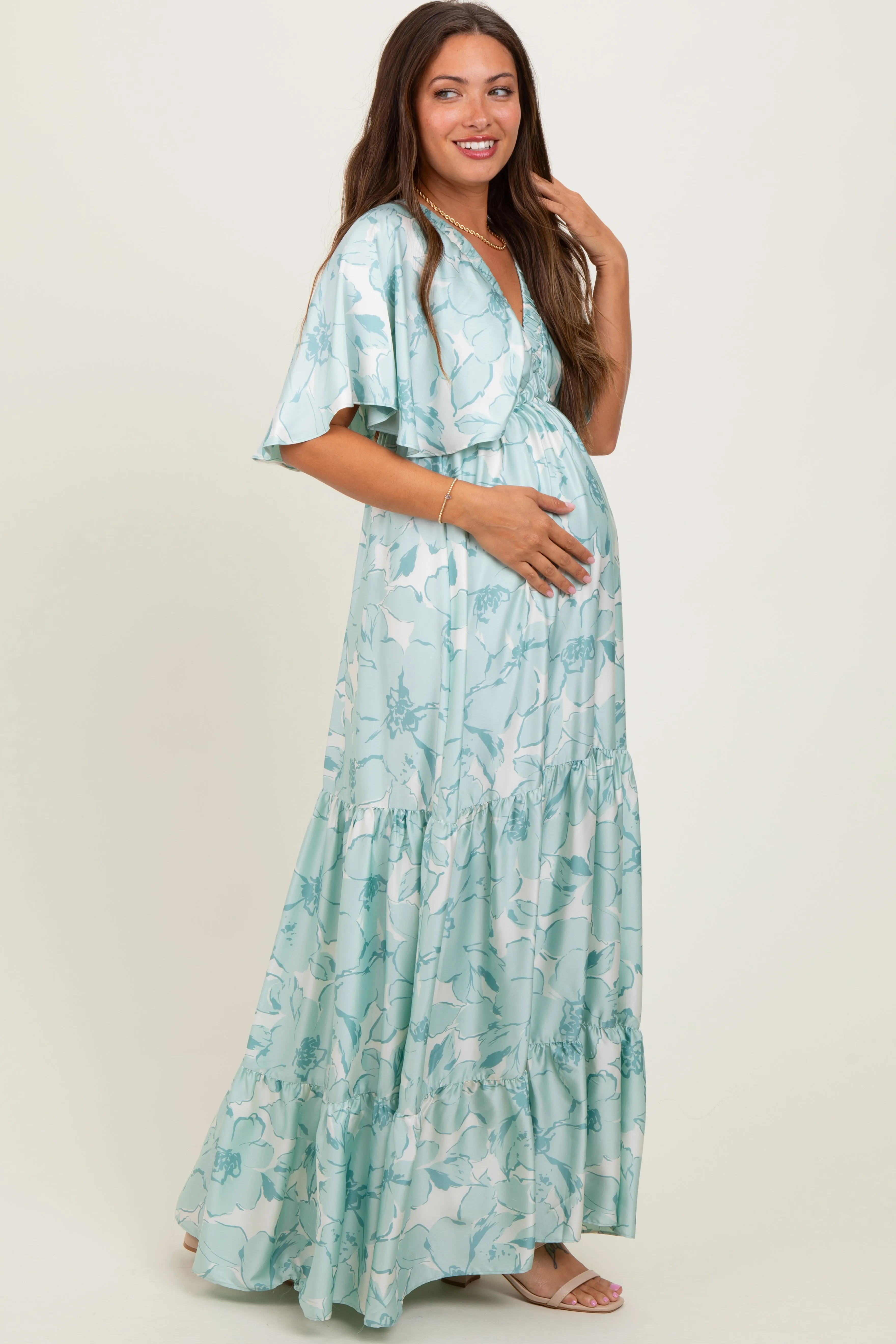 Sage Floral Short Sleeve Deep V-Neck Tiered Maternity Maxi Dress sold by Pinkblush product image thumbnail 3