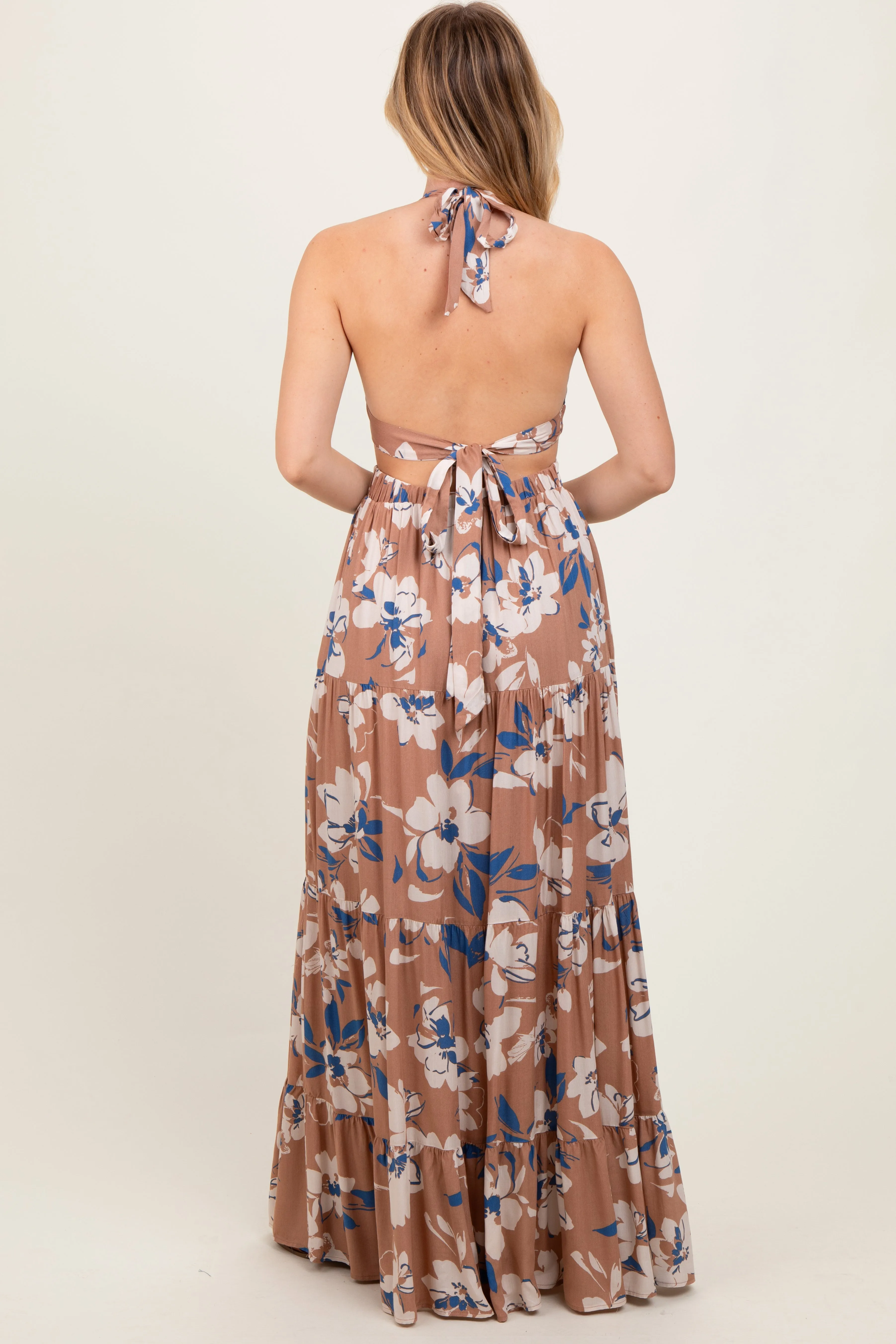 Taupe Floral Halter Side Cutout Maxi Dress sold by Pinkblush product image thumbnail 4