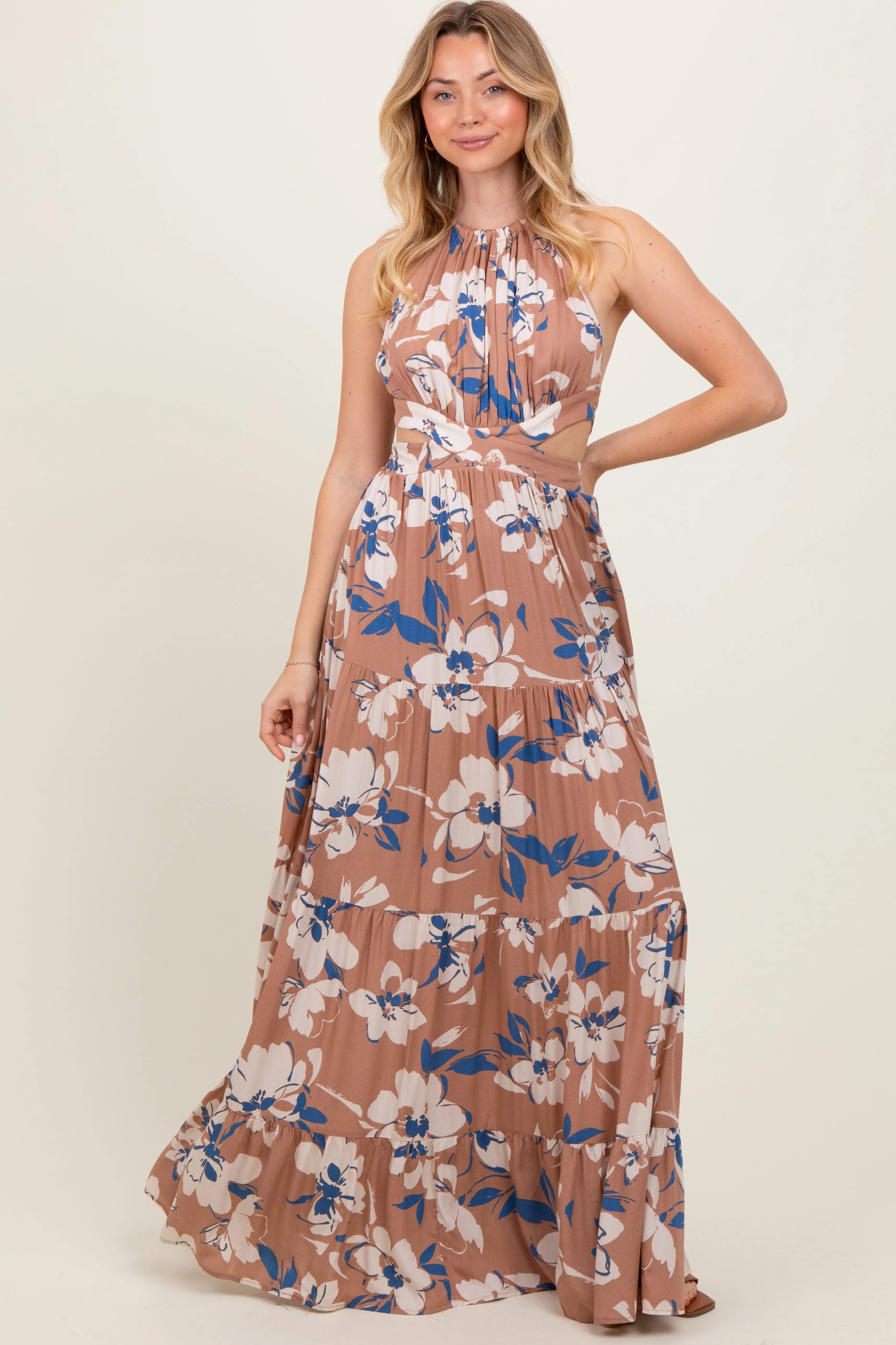 Taupe Floral Halter Side Cutout Maxi Dress sold by Pinkblush