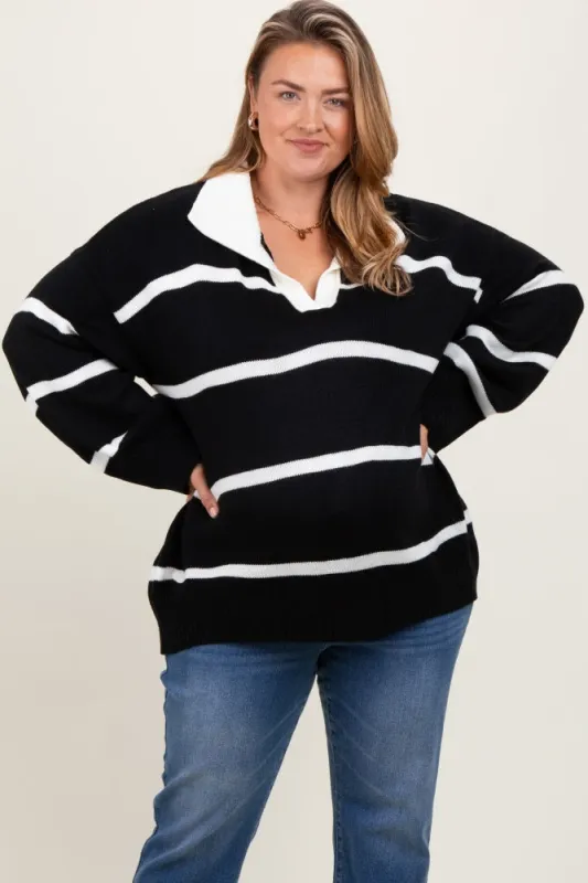 Black Striped Collared Maternity Plus Sweater sold by Pinkblush