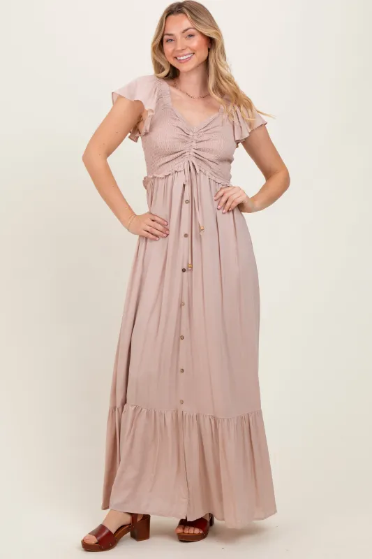 Taupe Smocked Top Woven Maxi Dress sold by Pinkblush