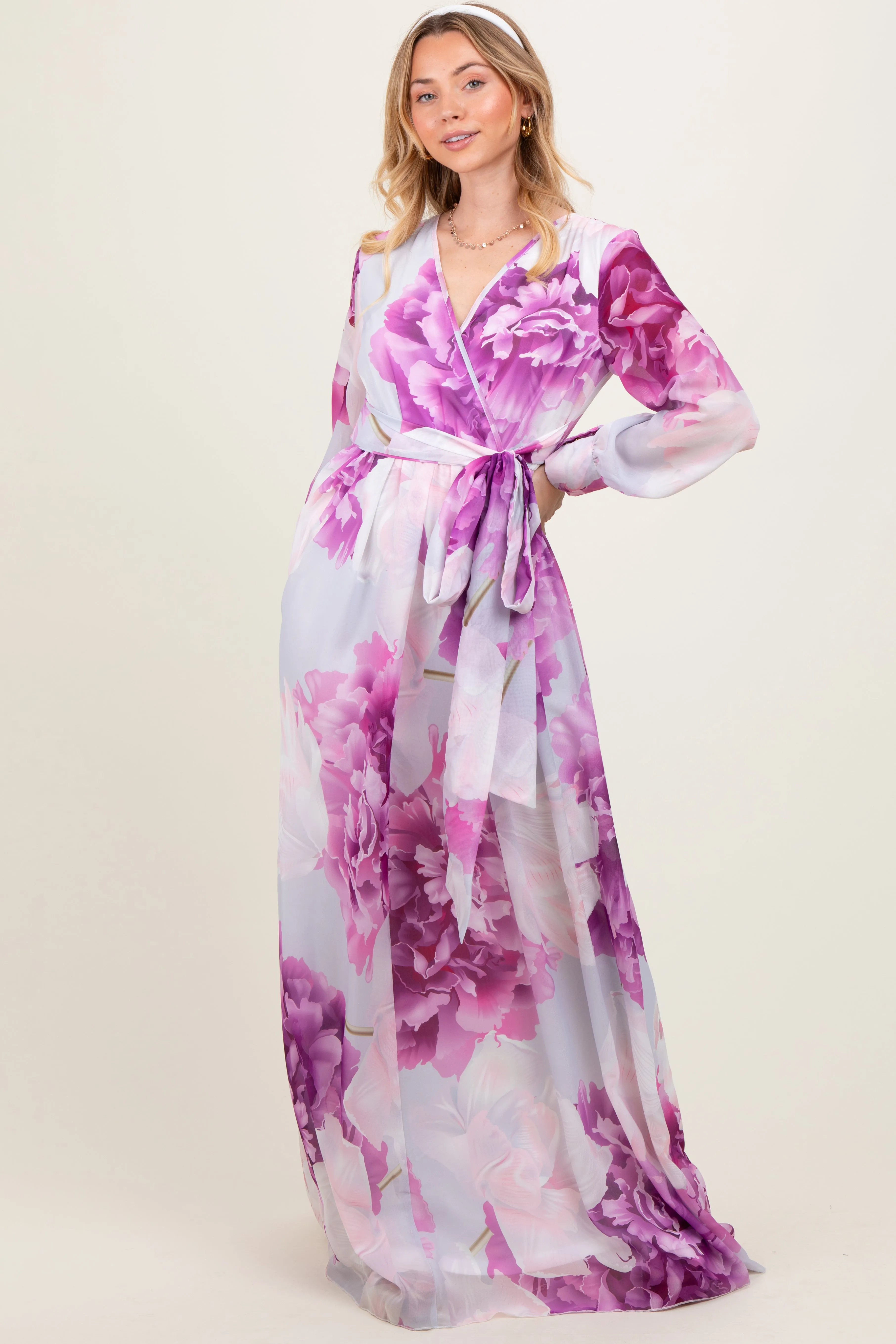 Purple Floral Chiffon Long Sleeve Maxi Dress sold by Pinkblush