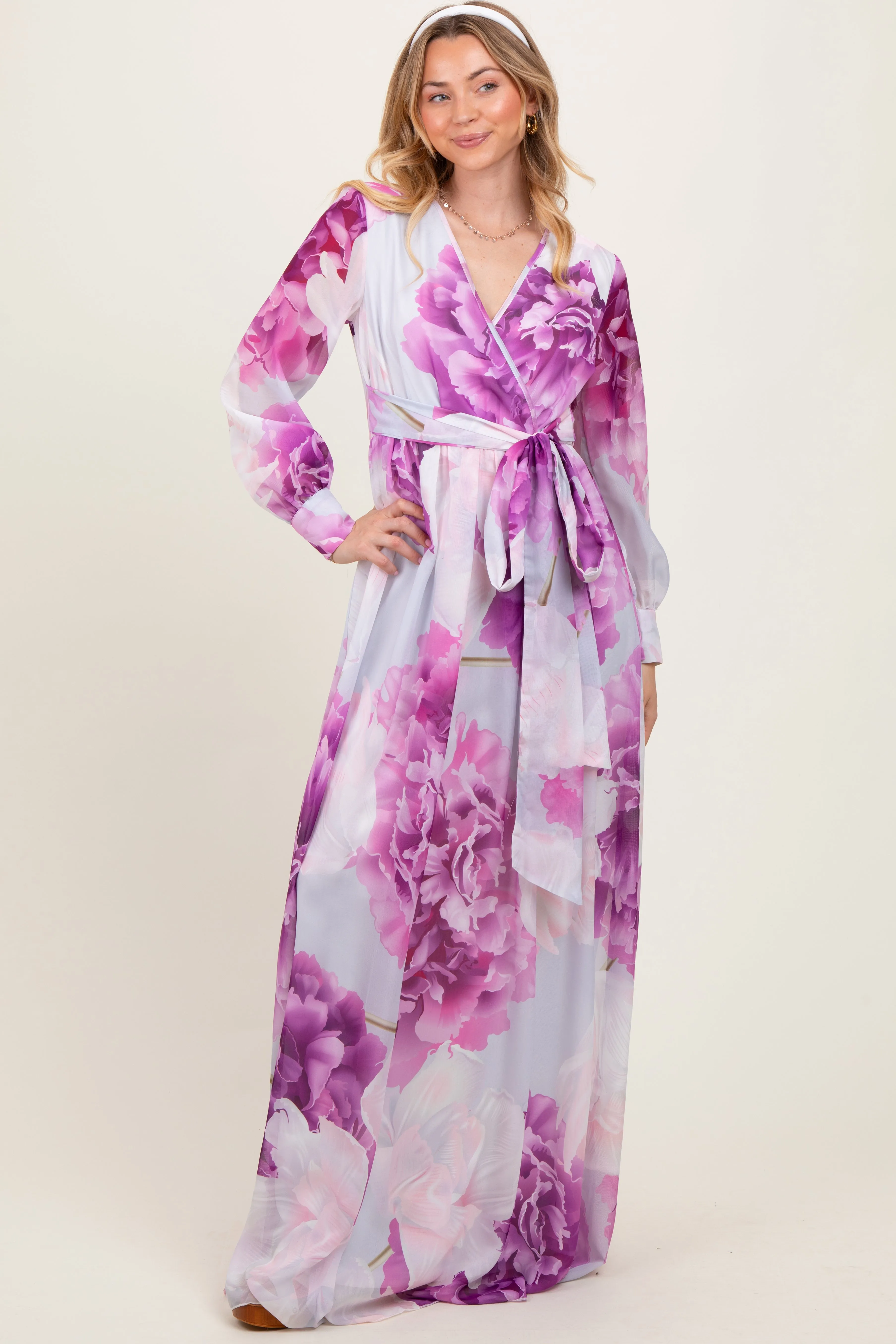 Purple Floral Chiffon Long Sleeve Maxi Dress sold by Pinkblush product image thumbnail 2