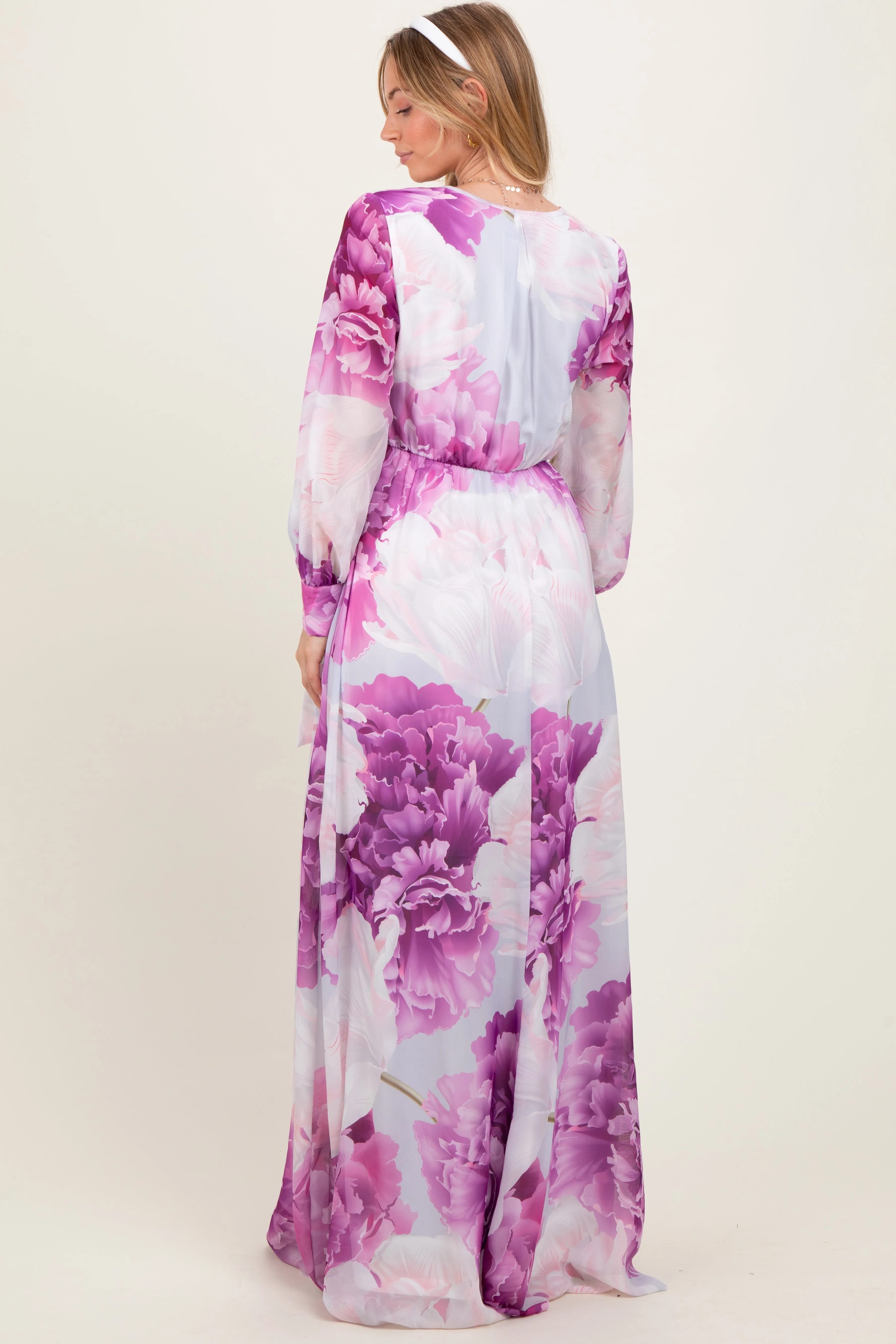 Purple Floral Chiffon Long Sleeve Maxi Dress sold by Pinkblush product image thumbnail 3
