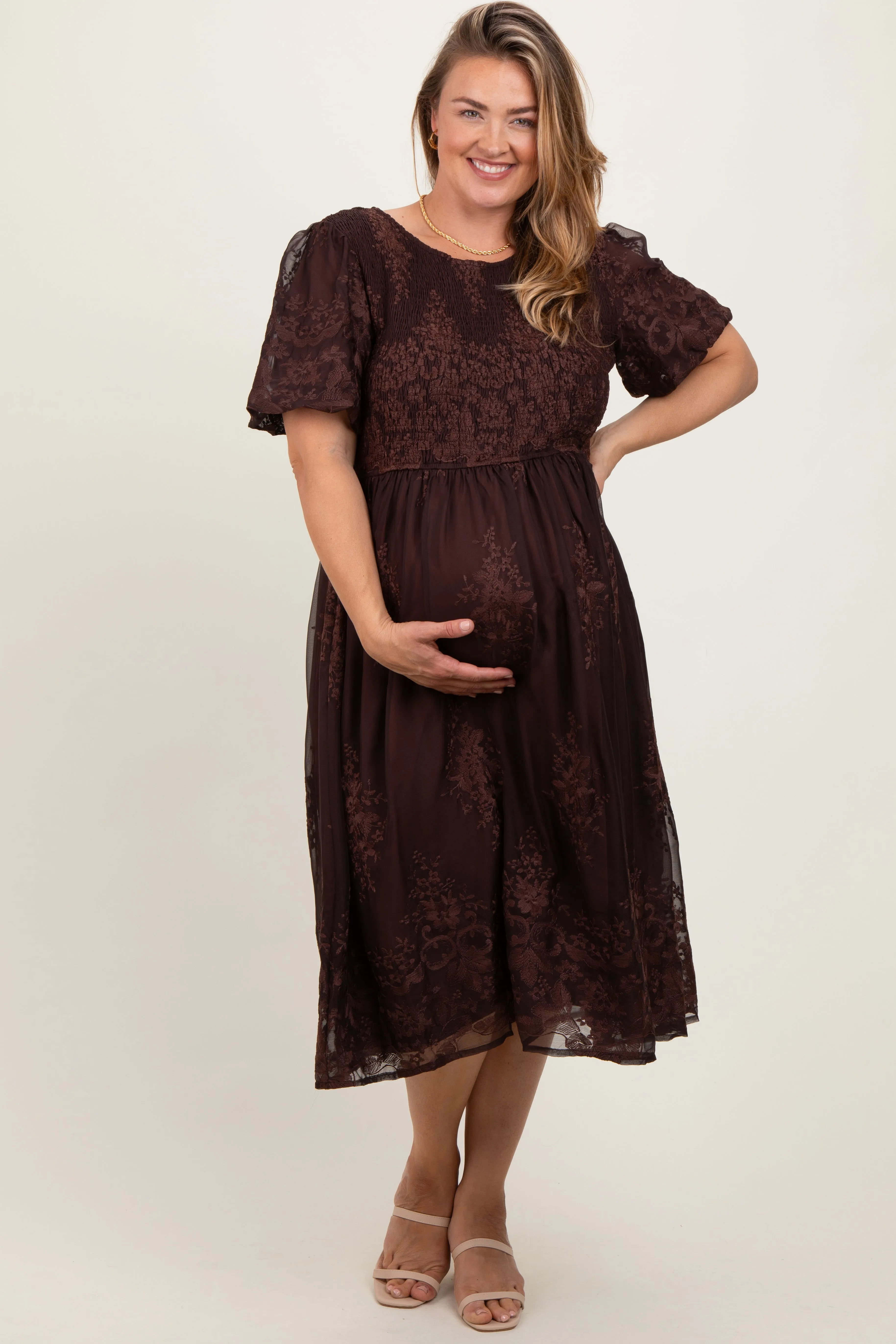 Brown Floral Embroidered Mesh Overlay Smocked Maternity Plus Midi Dress sold by Pinkblush product image thumbnail 2