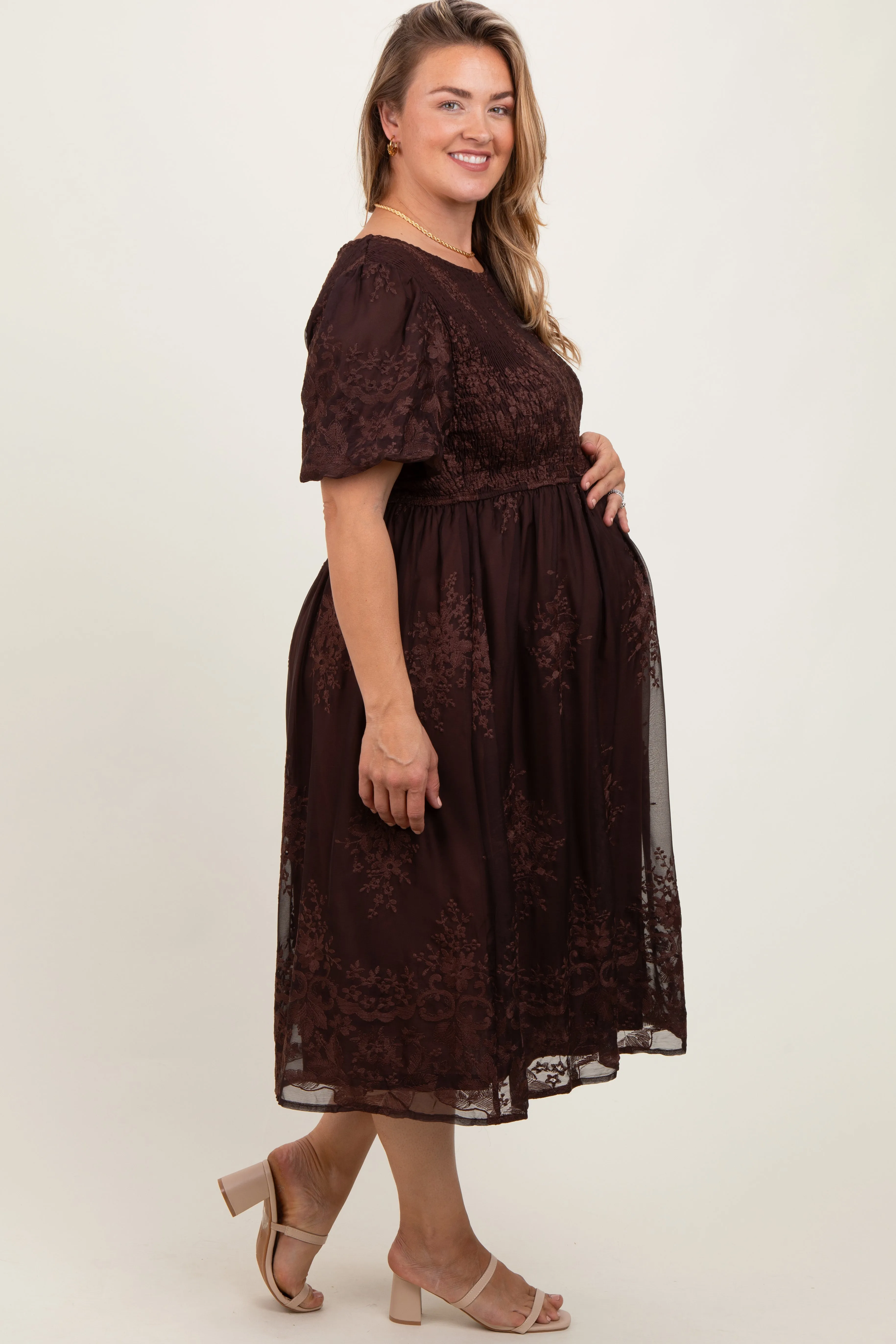 Brown Floral Embroidered Mesh Overlay Smocked Maternity Plus Midi Dress sold by Pinkblush product image thumbnail 3