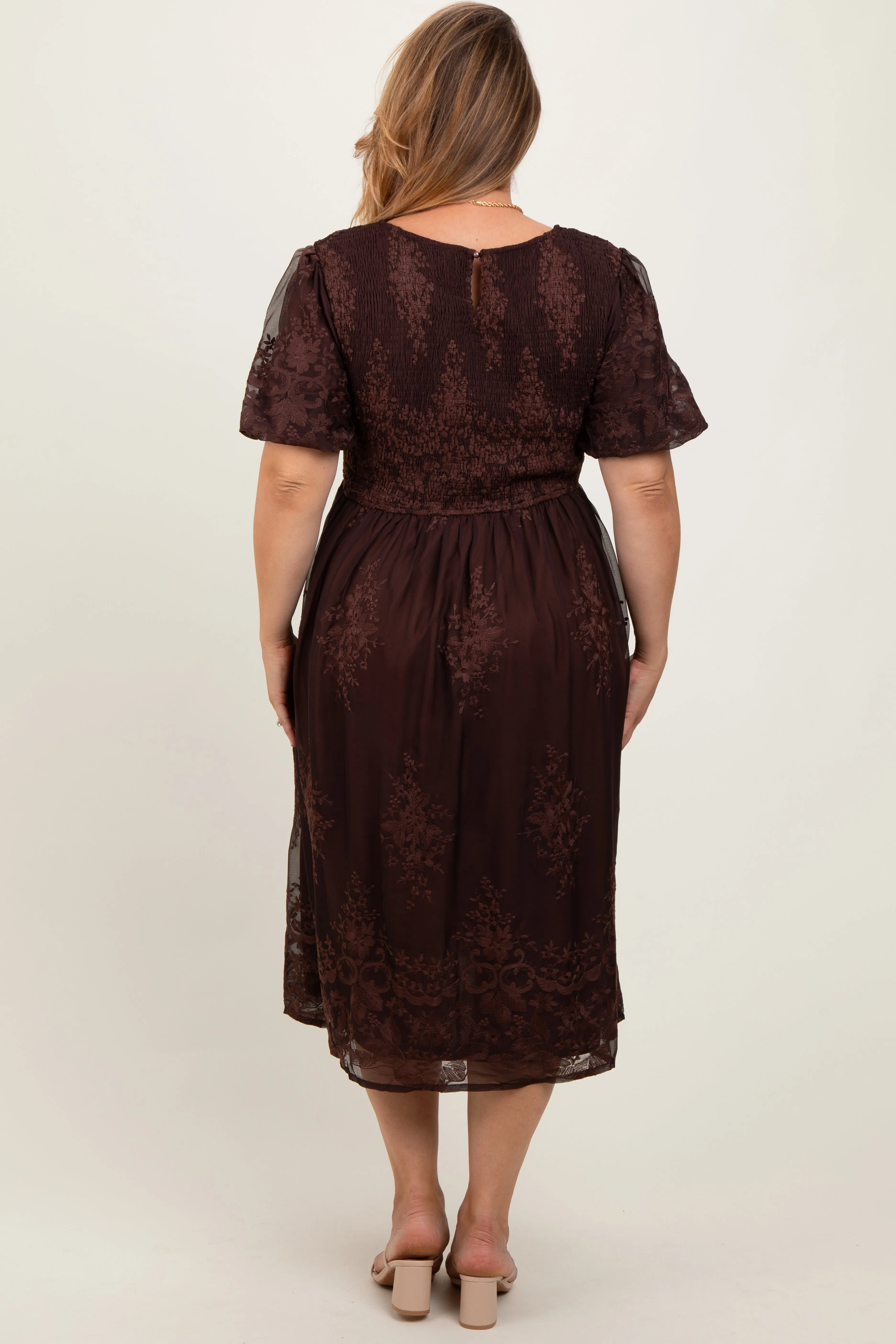 Brown Floral Embroidered Mesh Overlay Smocked Maternity Plus Midi Dress sold by Pinkblush product image thumbnail 4