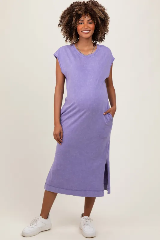 Lavender Casual Sleeveless Pocketed Maternity Midi Dress sold by Pinkblush