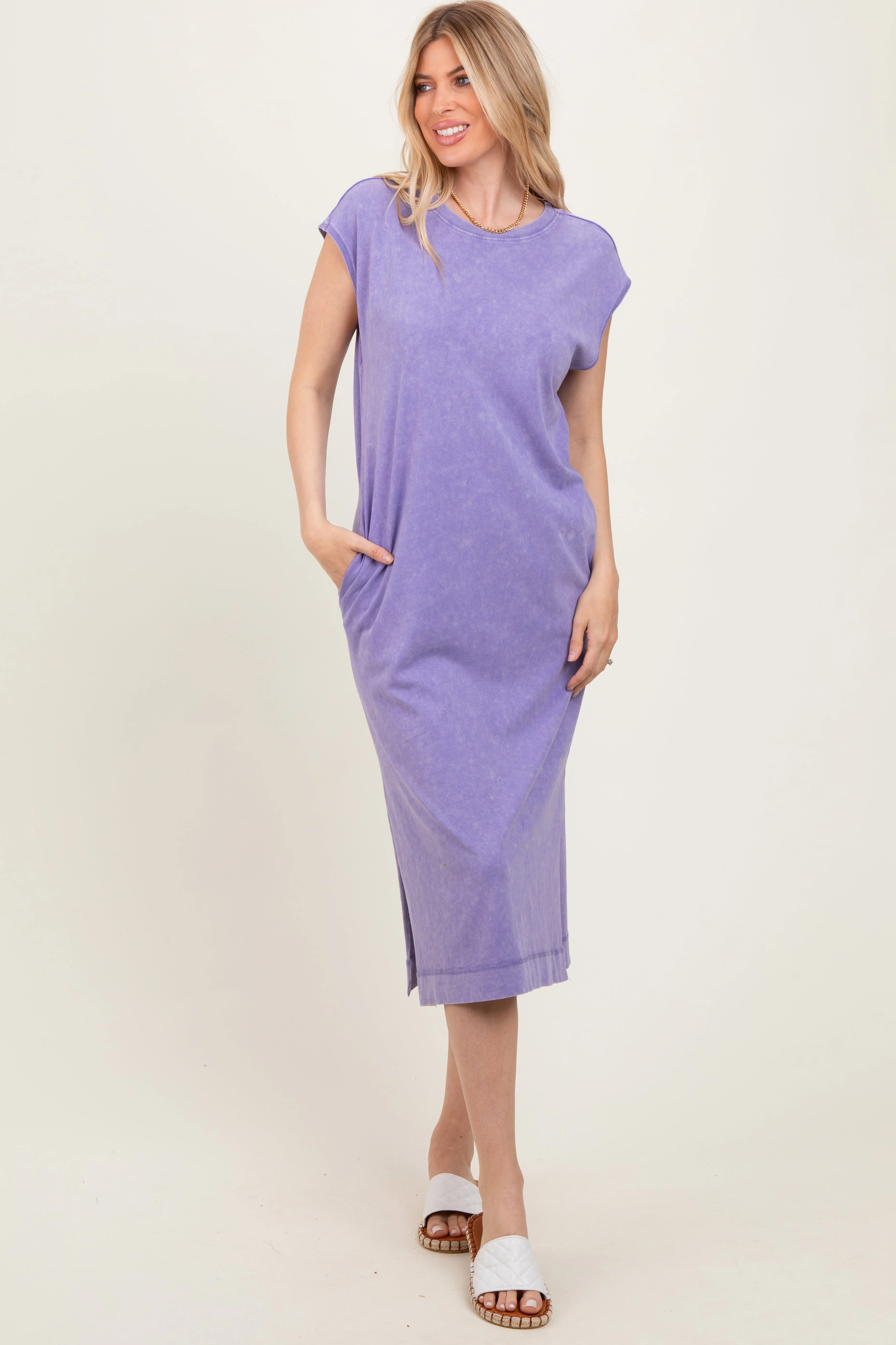 Lavender Casual Sleeveless Pocketed Maternity Midi Dress sold by Pinkblush product image thumbnail 3
